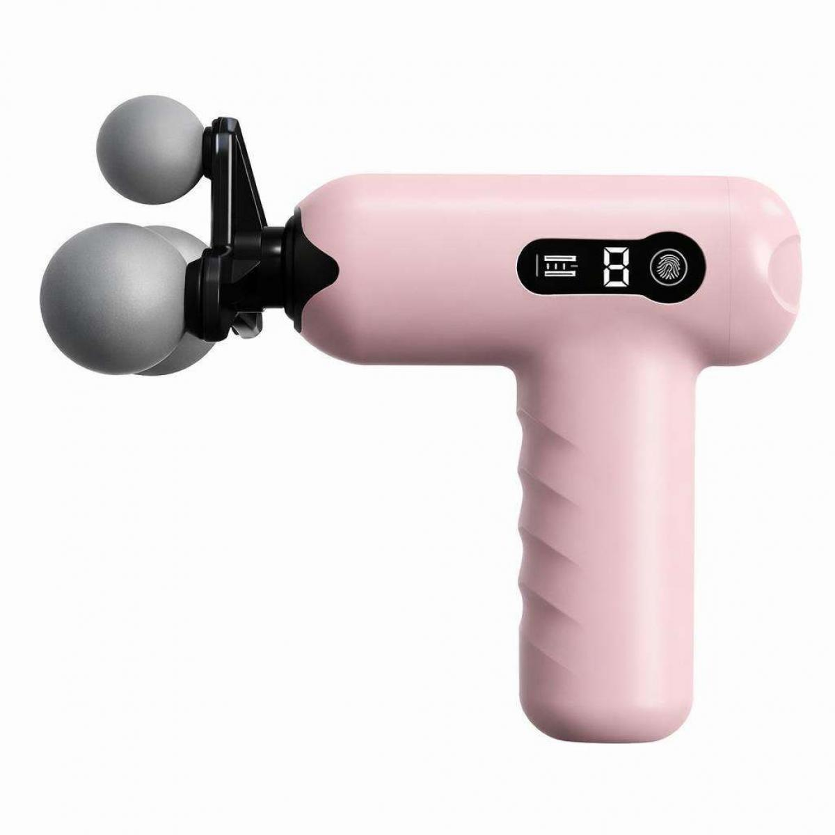 Ein rosafarbenes Massagegerät mit drei grauen Kugeln und einer Digitalanzeige auf weißem Hintergrund.
