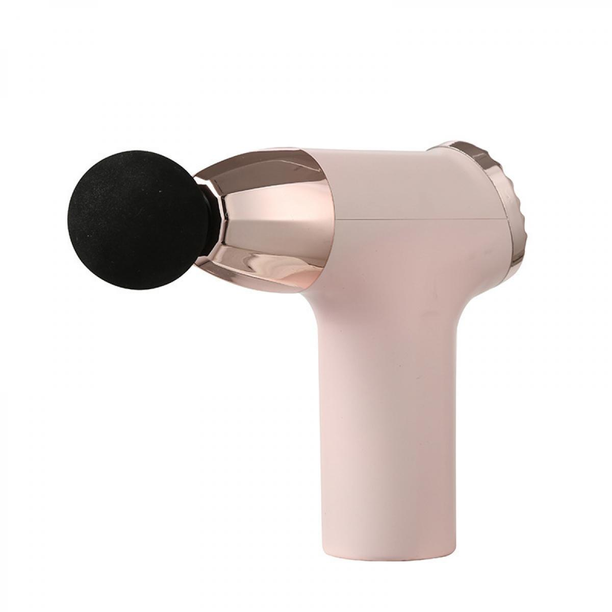 Eine rosa Handmassagepistole mit schwarzem runden Aufsatz vor weißem Hintergrund.