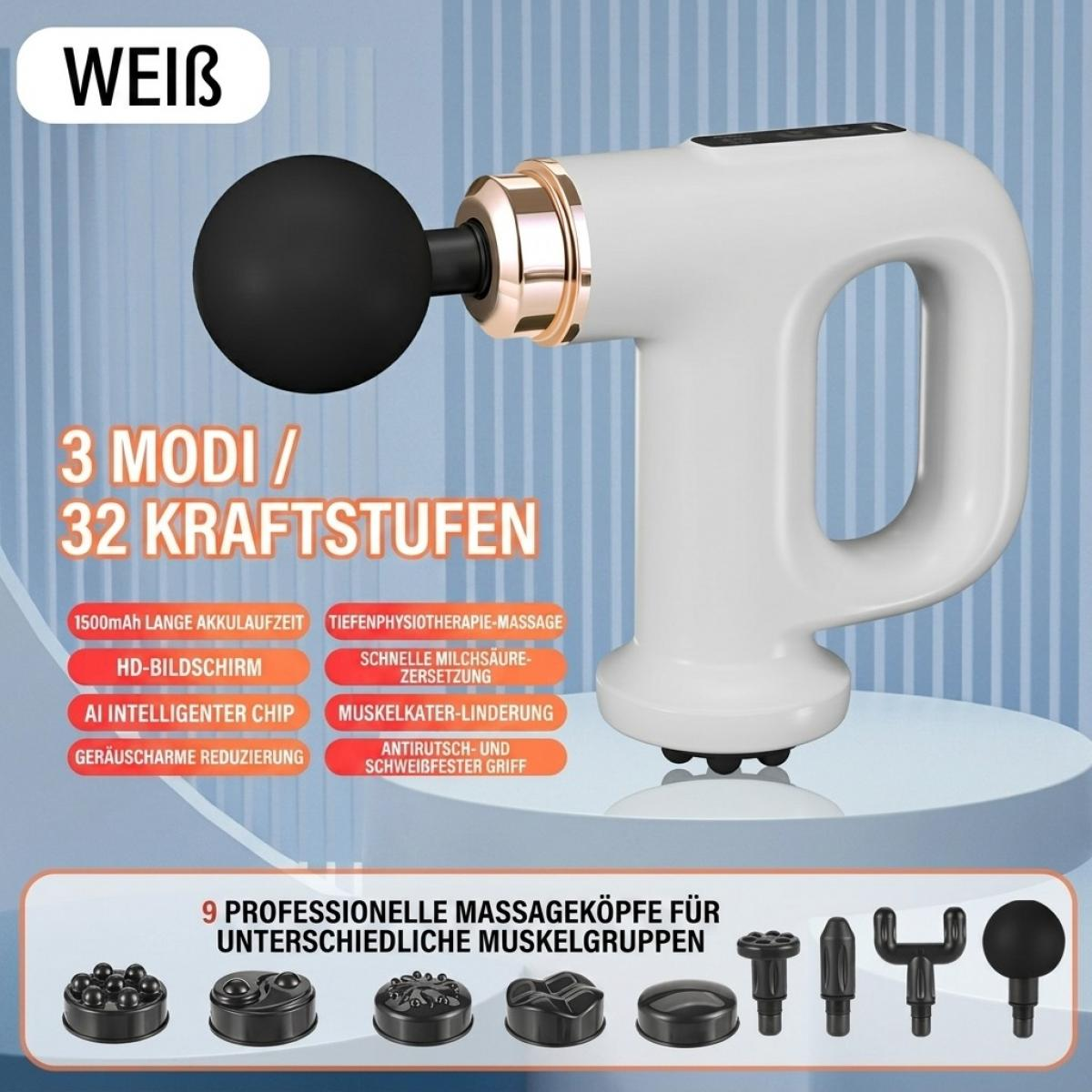 Weißes Massagegerät mit schwarzem Kugelaufsatz und verschiedenen Funktionssymbolen auf blauem Hintergrund.