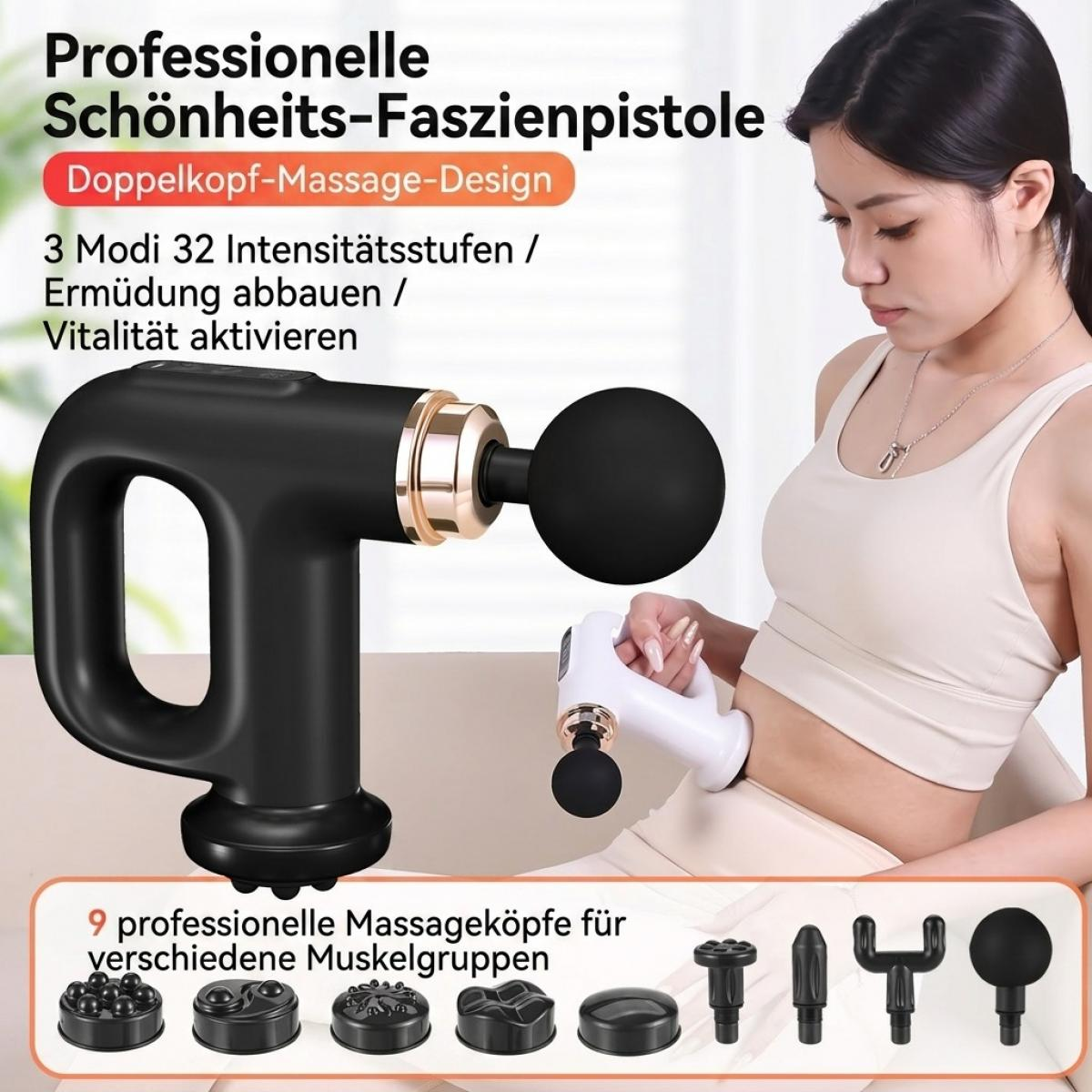 Eine Frau nutzt eine schwarze Massagepistole am Bauch, mit verschiedenen Aufsätzen im Bild.