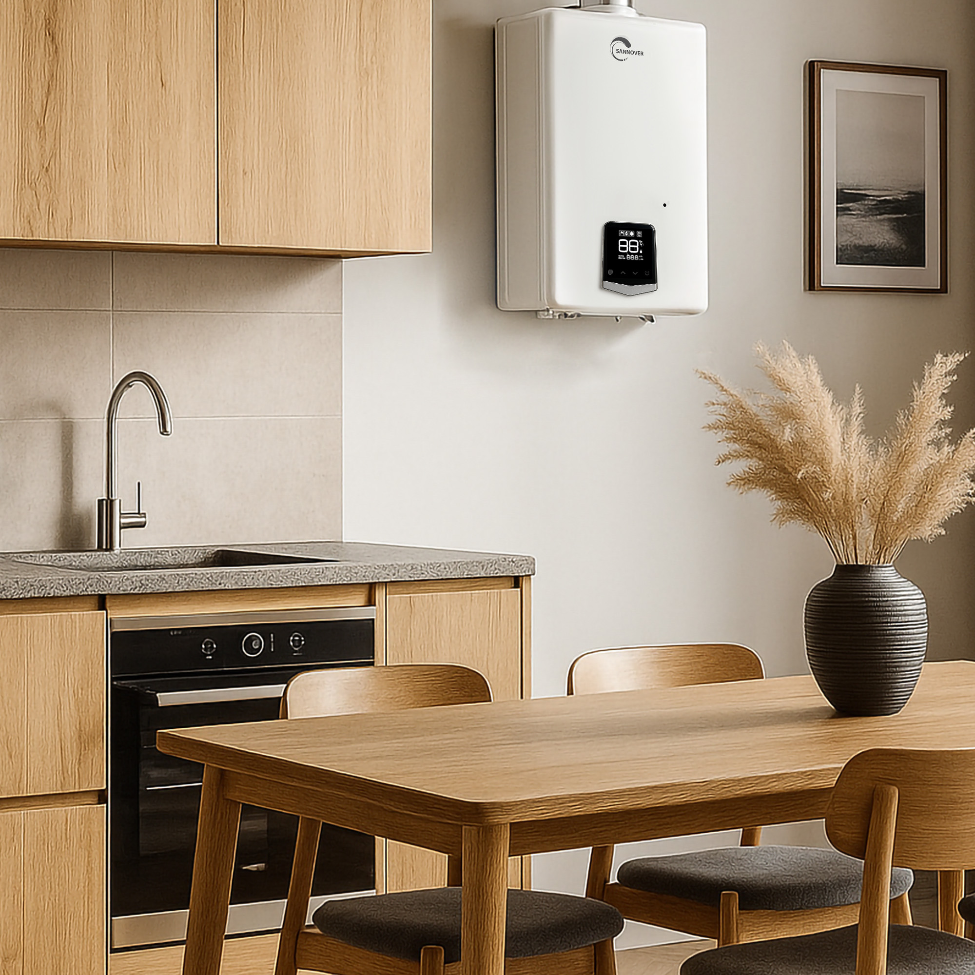 Cocina moderna con mesa de madera, caldera blanca en la pared, horno negro, fregadero y flores secas.