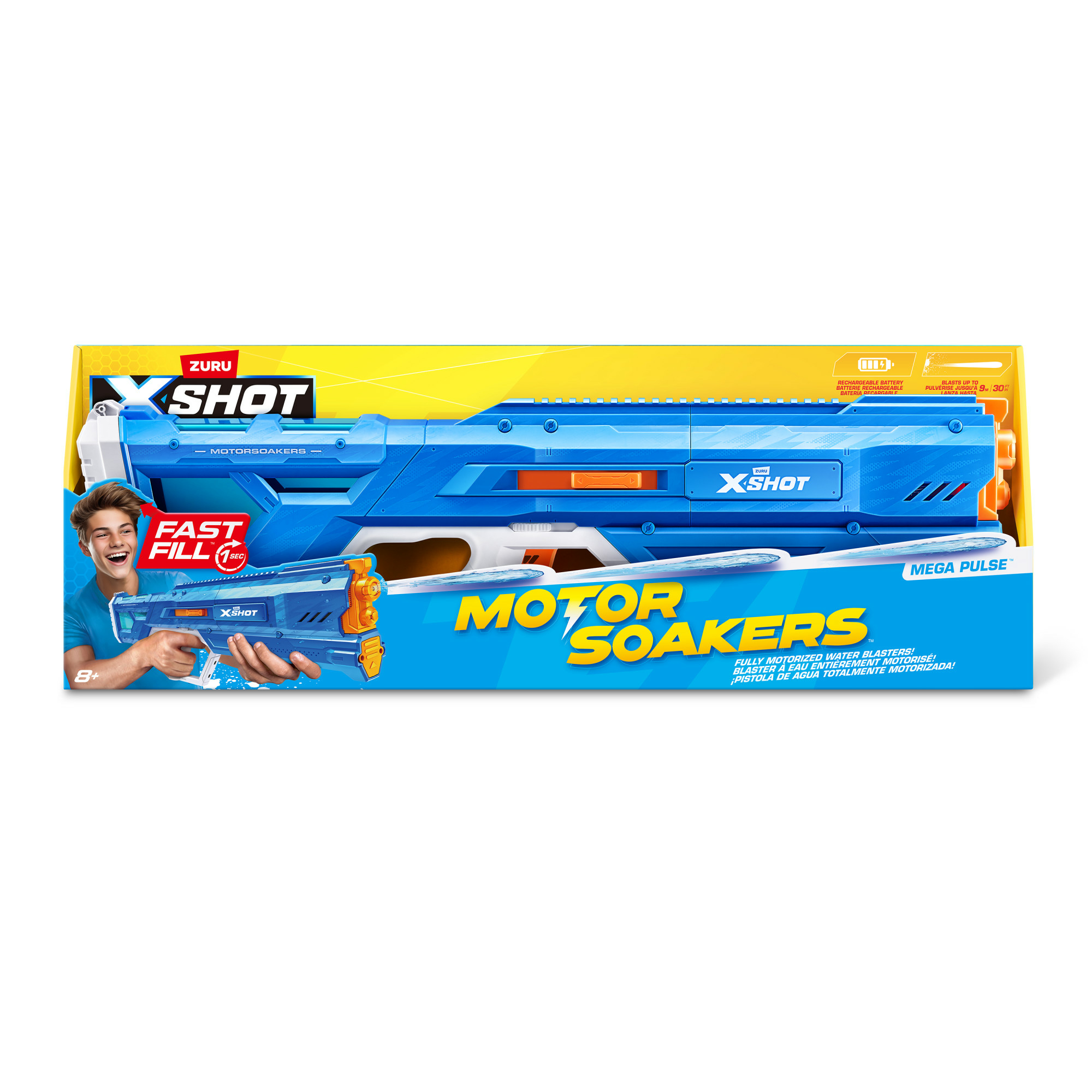 Verpackung der blauen X-Shot Motor Soakers Wasserpistole mit einem lächelnden Jungen und gelbem Hintergrund.