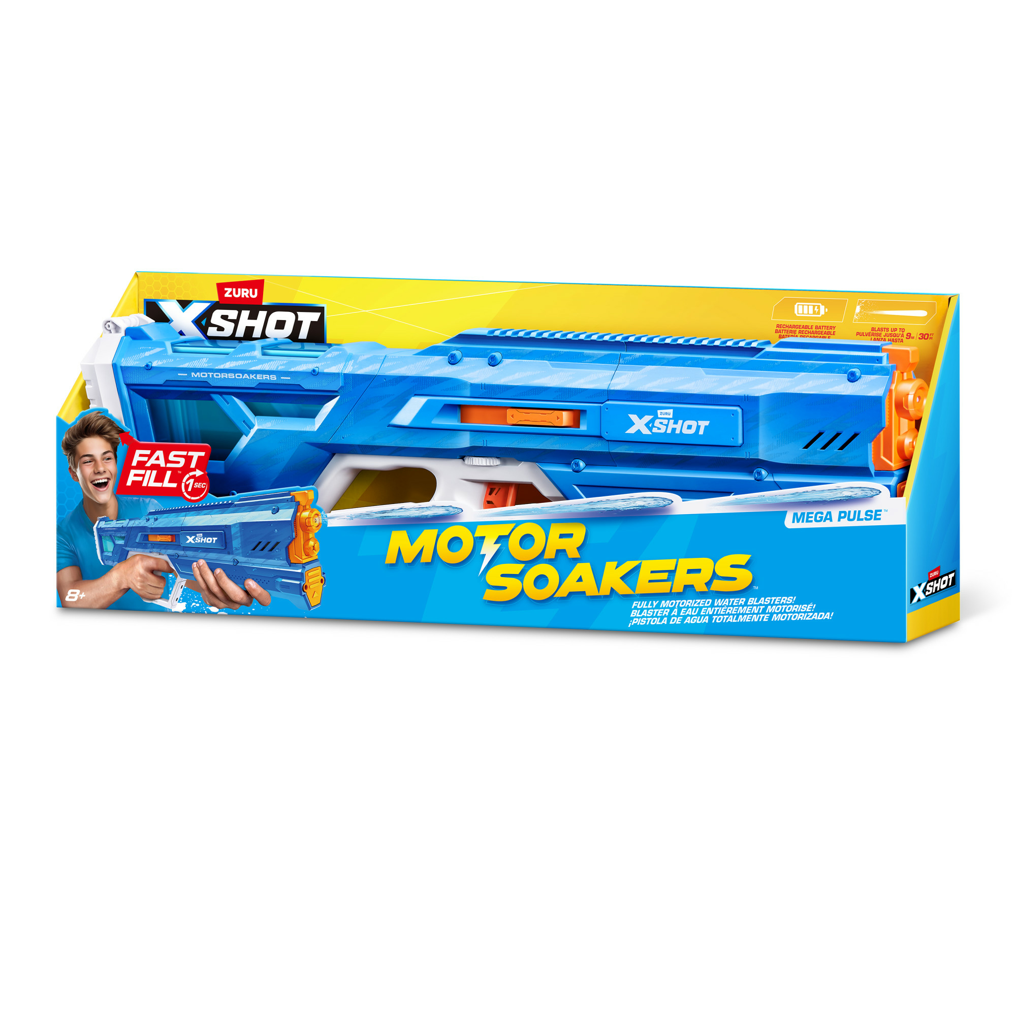 Blaue X-Shot Motor Soakers Wasserpistole in Verpackung mit Abbildungen.