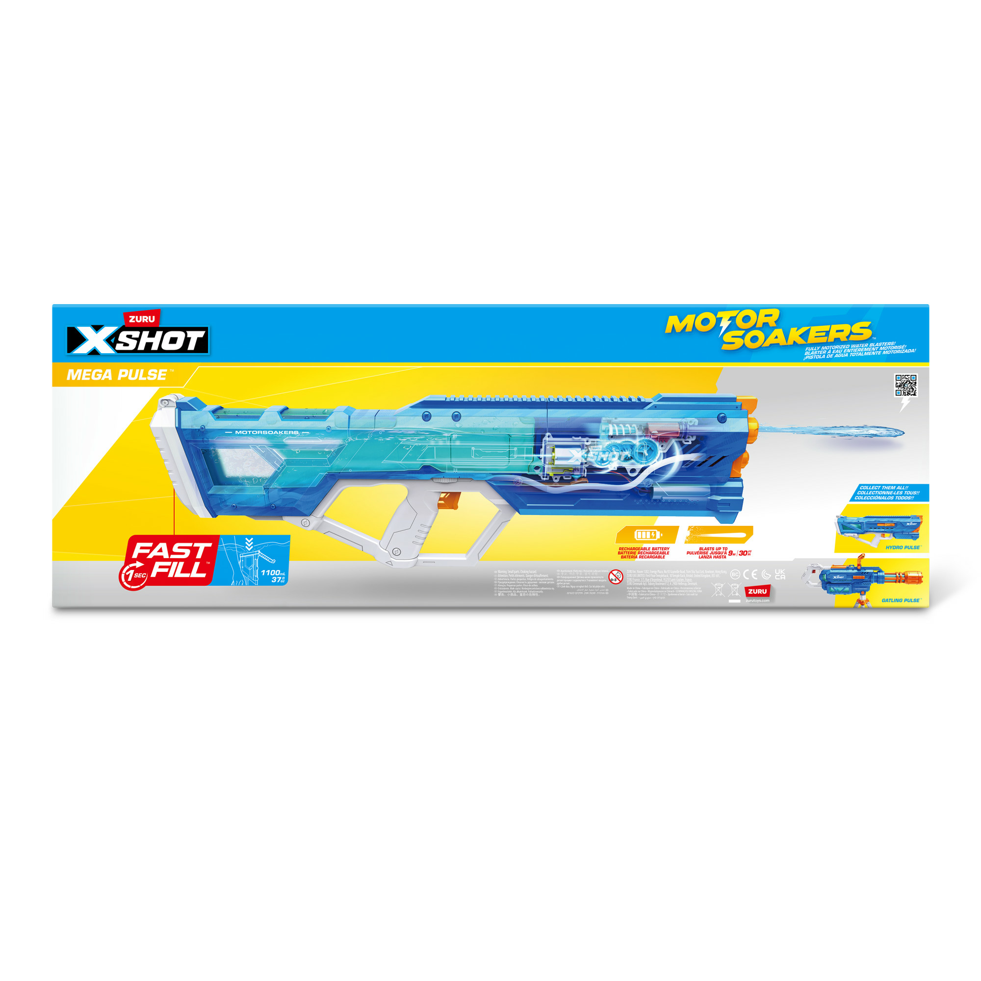 Verpackung der blauen X-Shot Motor Soakers Mega Pulse Wasserpistole mit durchsichtigem Gehäuse und Wasserstrahl.