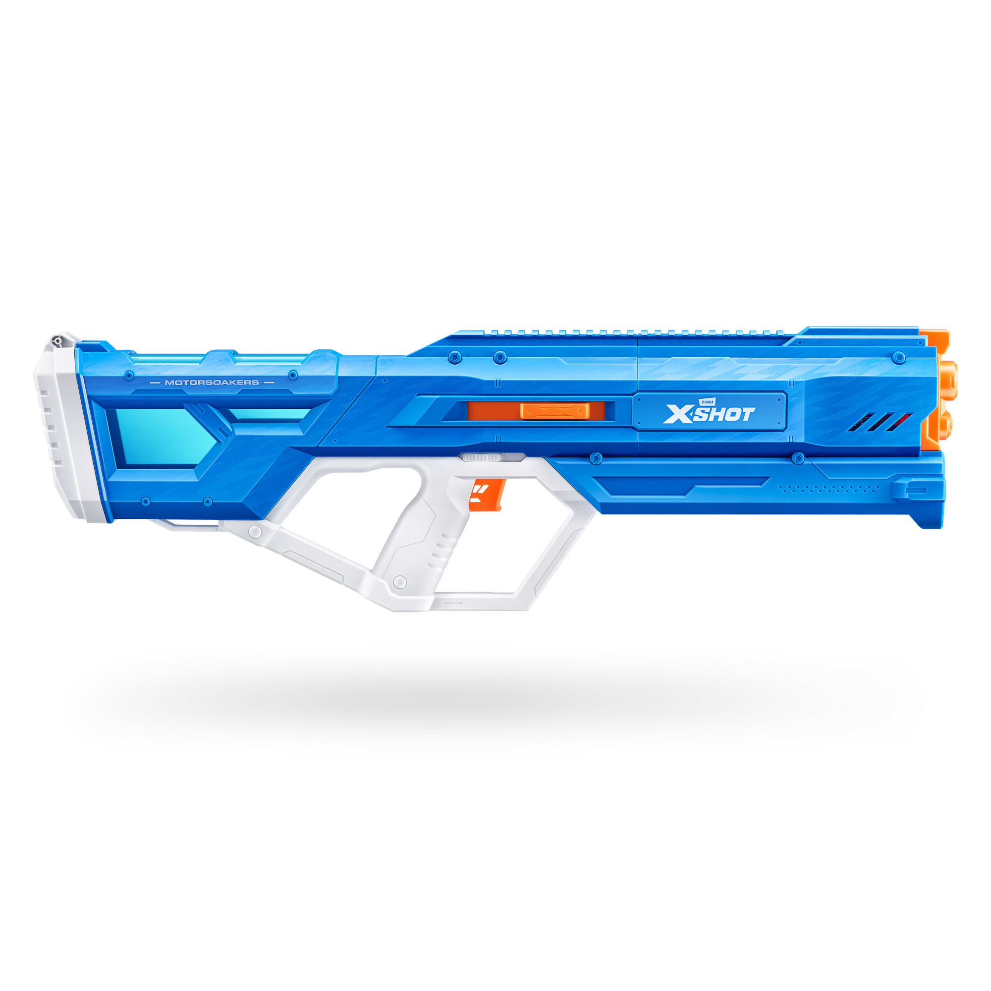 Ein blau-weißer X-Shot-Wasserblaster mit orangen Akzenten vor weißem Hintergrund.