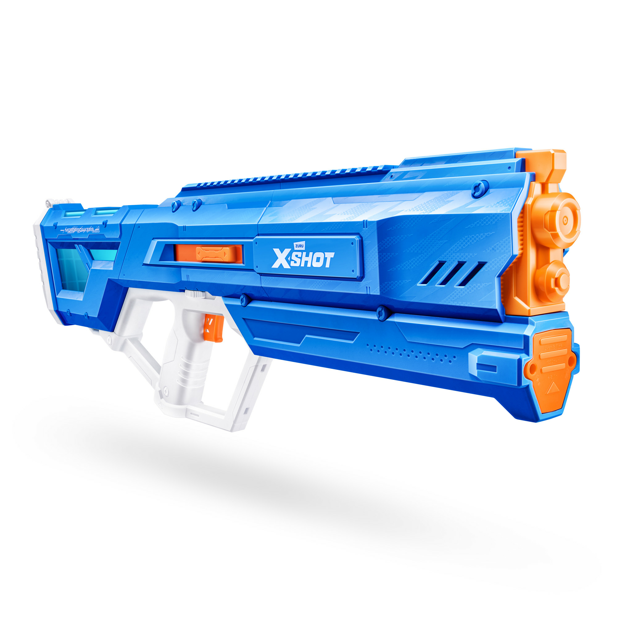 Eine blaue und weiße X-Shot Wasserpistole mit orangen Akzenten und klaren Elementen auf weißem Hintergrund.