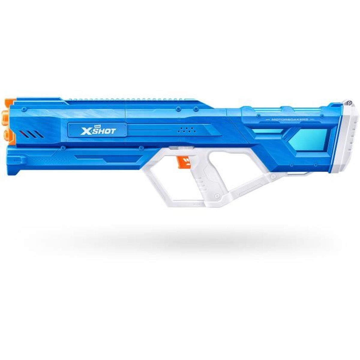 Ein blau-weißer X-Shot Wasserspielzeugblaster mit orangen Akzenten auf weißem Hintergrund.