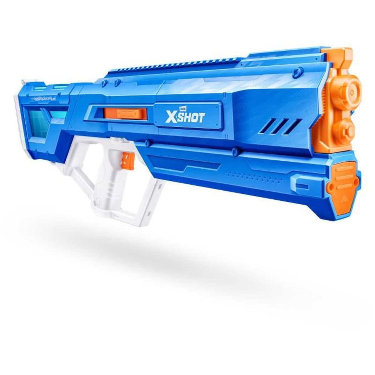 Ein blauer und weißer X-Shot Spielzeugblaster mit orangefarbenen Akzenten auf weißem Hintergrund.