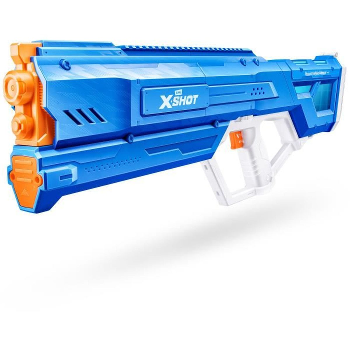 Ein blauer und weißer X-Shot Spielzeugblaster mit orangen Details, isoliert auf weißem Hintergrund.