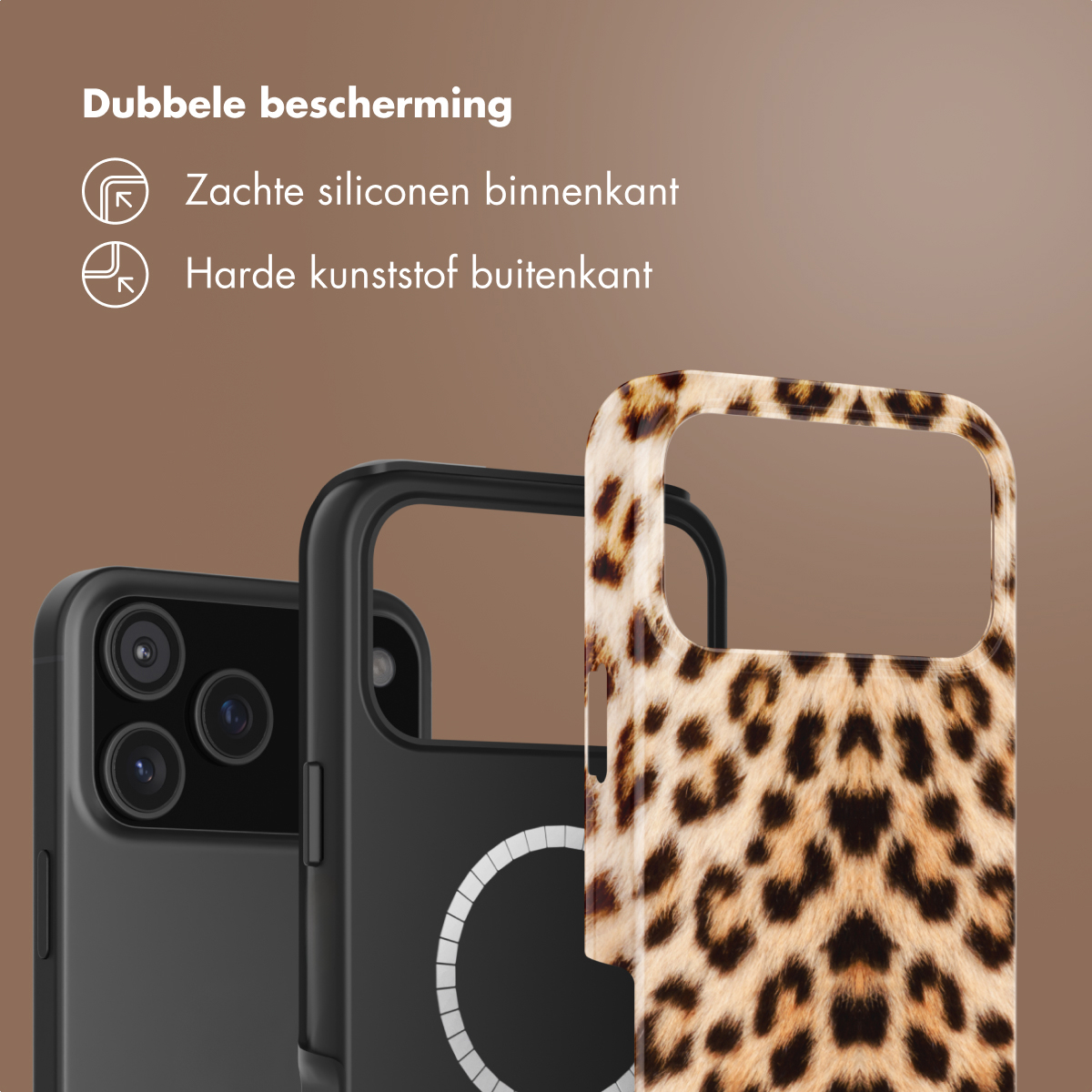 Trois couches d'une coque de téléphone imprimé léopard, coque intérieure noire et détails de l'appareil photo.