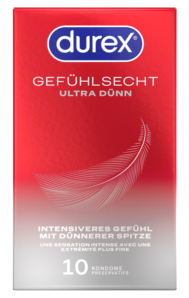 Rote Durex Gefühlsecht Ultra Dünn Kondomverpackung mit weißer Feder und weißem Text.