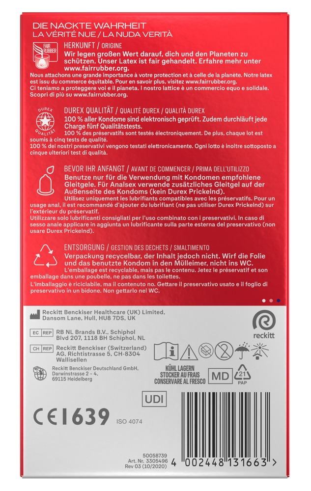 Rückseite einer roten Durex-Produktverpackung mit Text, Symbolen und einem Barcode.