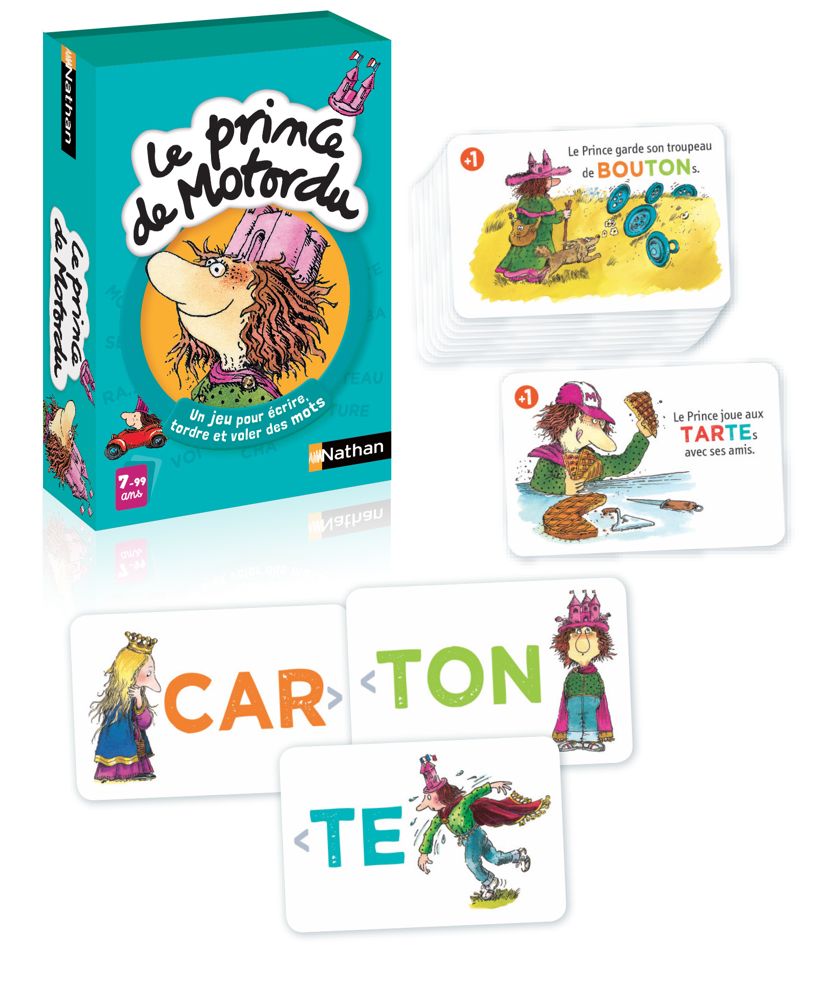 Das Brettspiel "Le prince de Motordu" mit bunten Karten und Illustrationen.