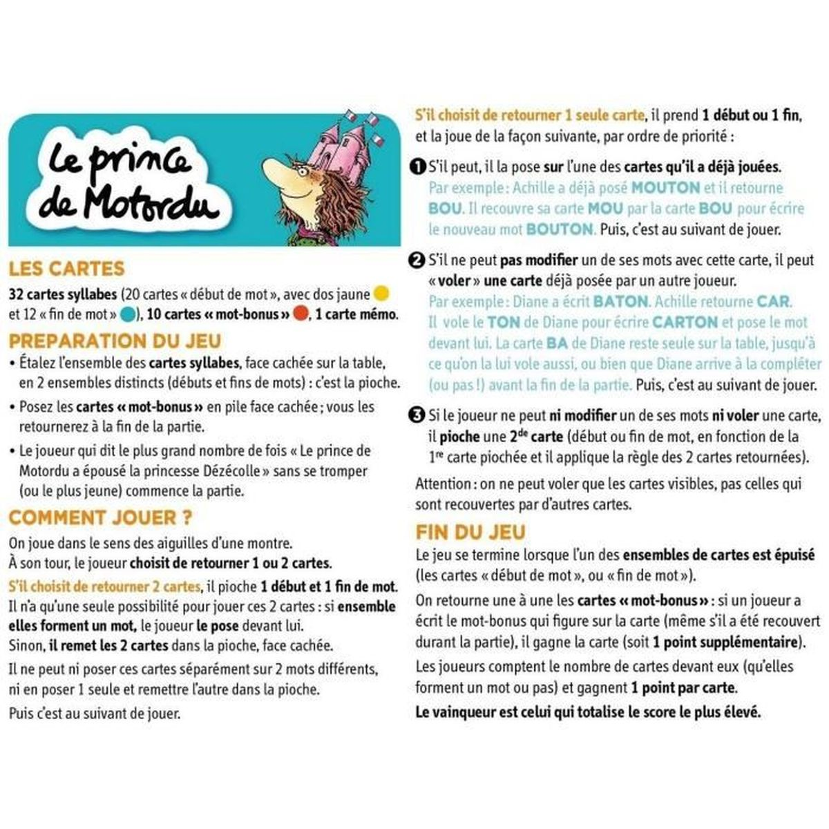 Französische Spielregeln für 'Le prince de Motordu' mit Textanleitungen und Illustrationen.