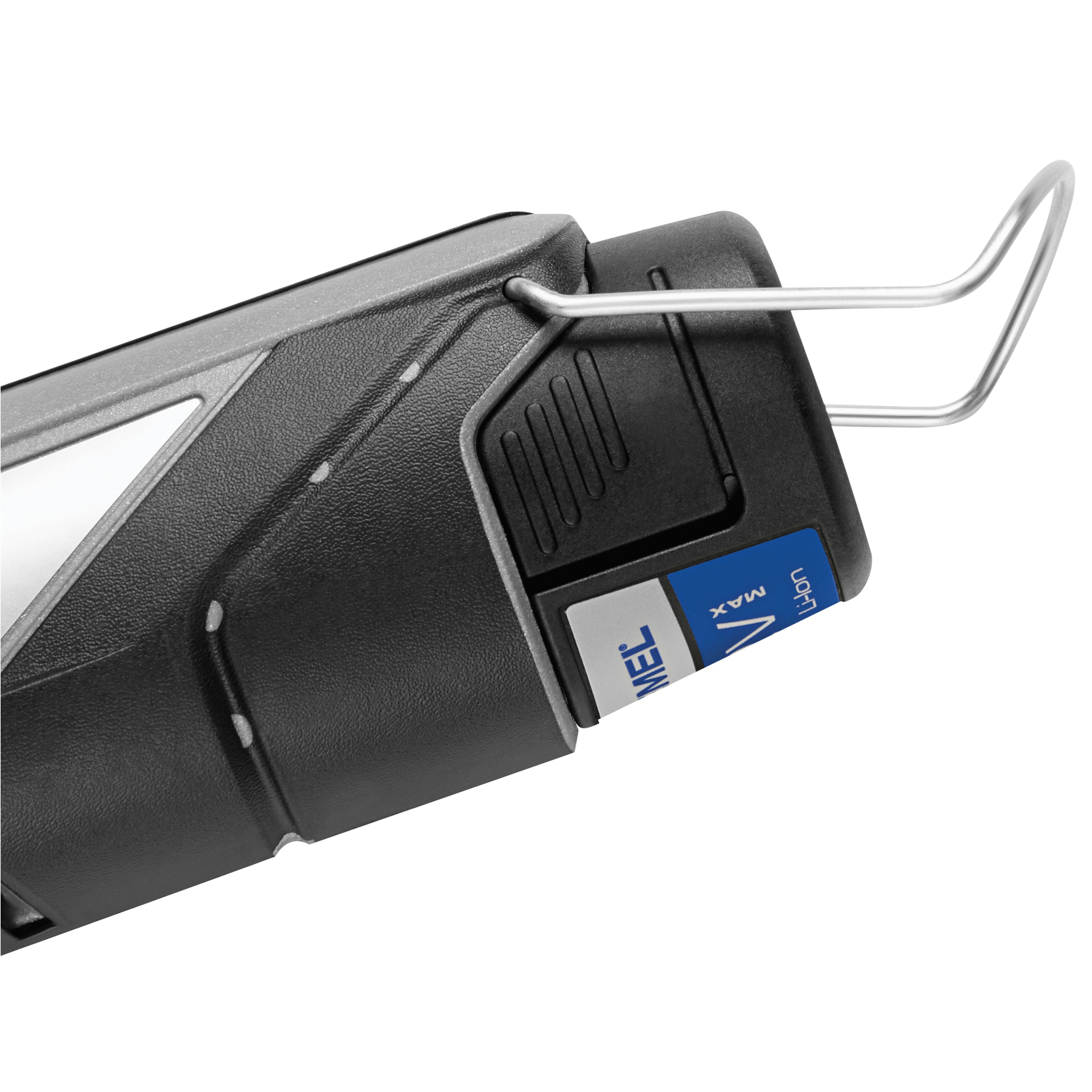 Schwarzes Elektrowerkzeug mit silbernem Aufhängehaken und blauem Markenlogo auf weißem Hintergrund.