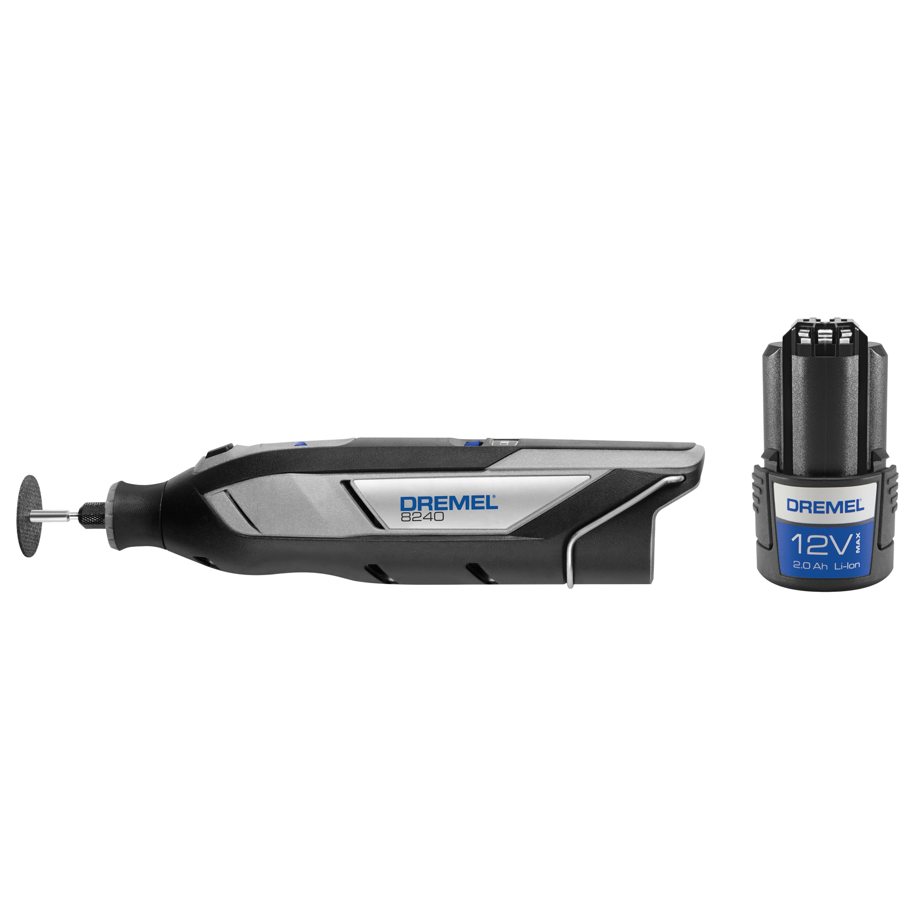 Dremel 8240 Akku-Multifunktionswerkzeug mit Trennscheibe und 12V 2.0 Ah Li-Ion Akku auf weißem Hintergrund.