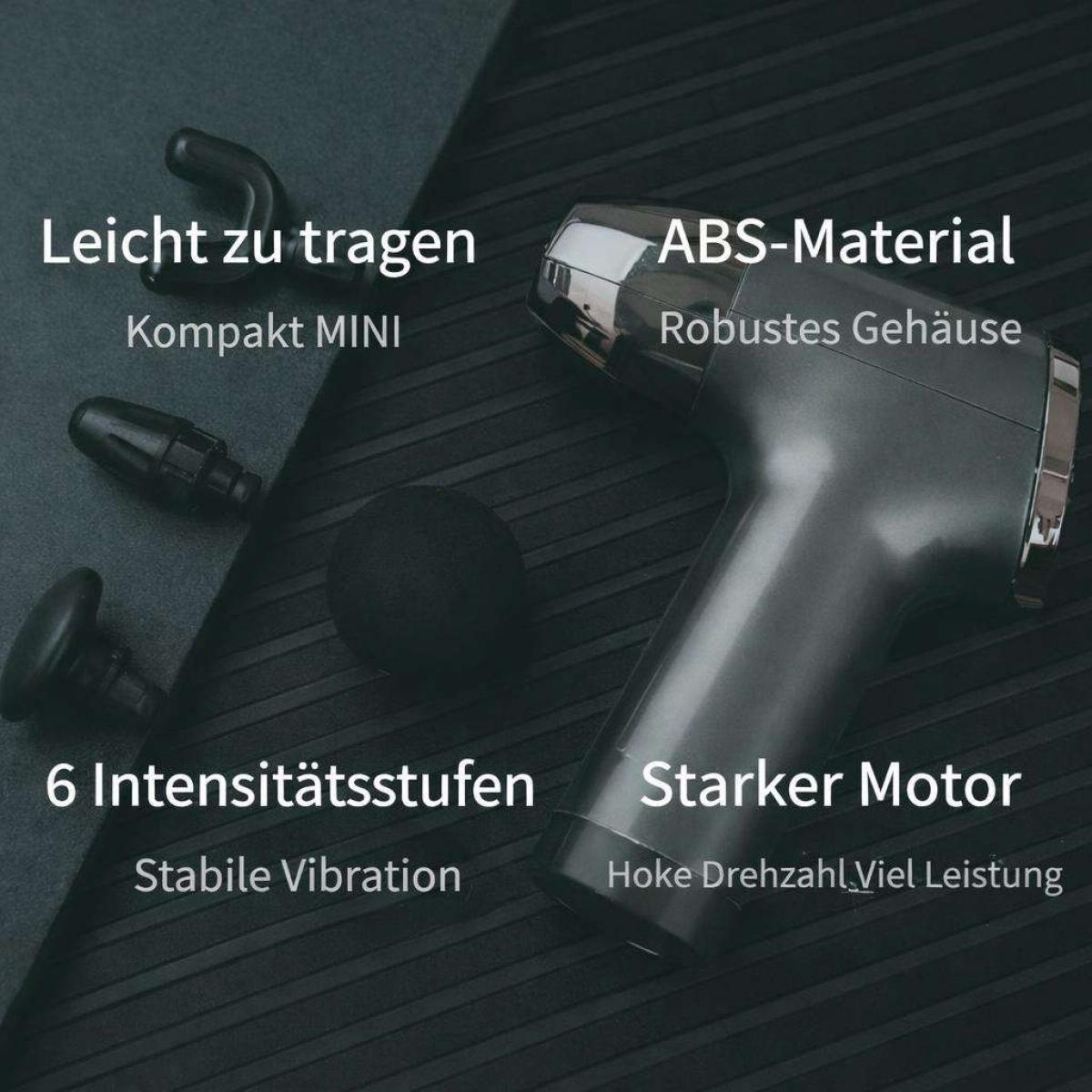 Graue Mini-Massagepistole mit vier Aufsätzen auf dunklem Hintergrund und deutschem Werbetext.