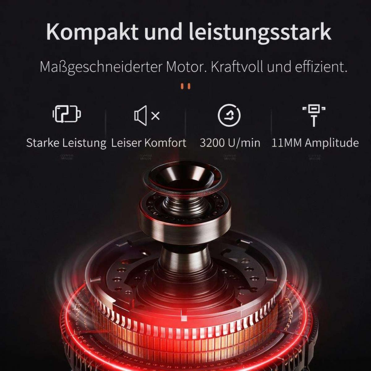 Technische Illustration eines Motors mit Icons und Texten auf schwarzem Hintergrund.
