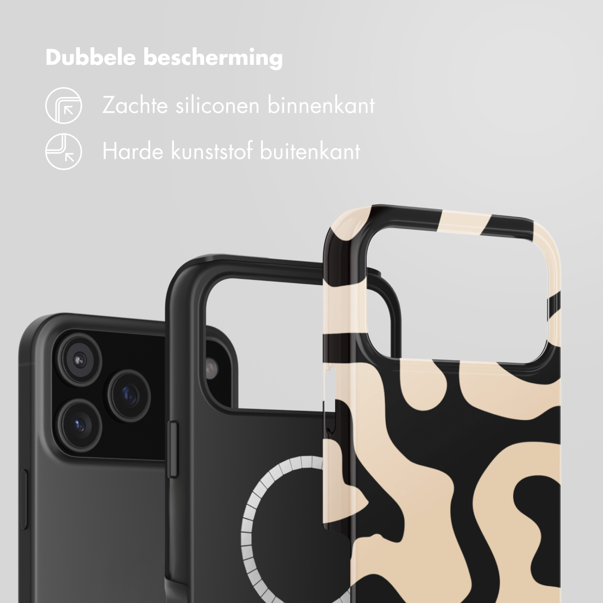 Drei Handyhüllen zeigen doppelten Schutz mit weichem Silikon innen und hartem Kunststoff außen.