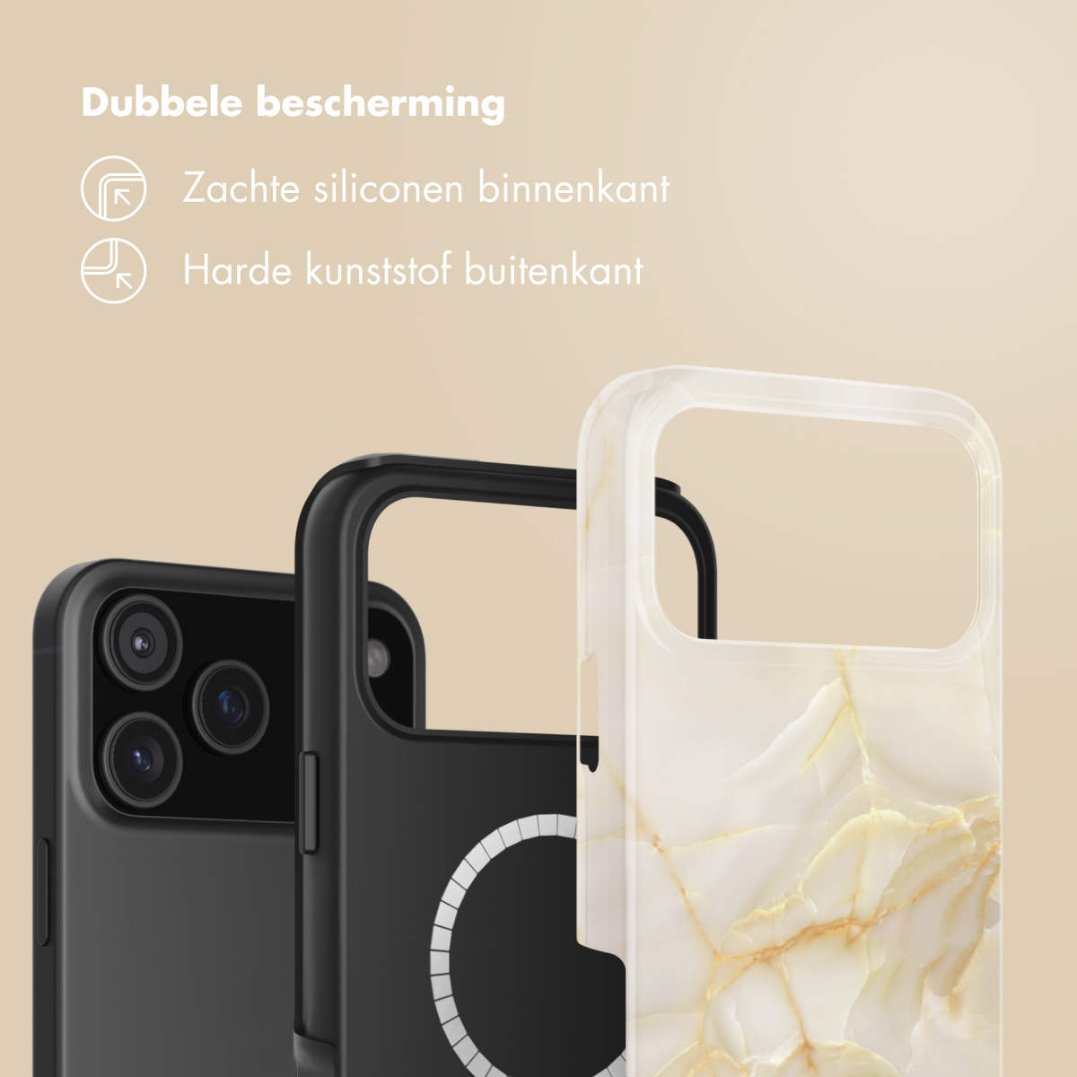 Divers étuis de smartphone sur fond beige avec du texte en néerlandais sur la double protection.
