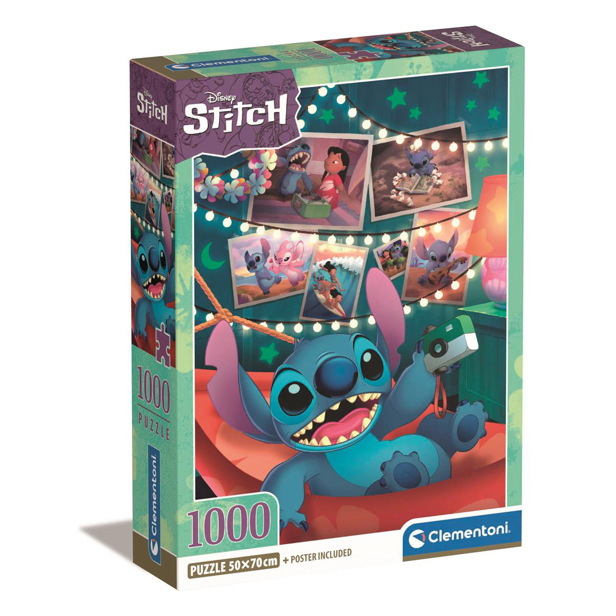 Eine Disney Stitch 1000-Teile-Puzzle-Schachtel mit Stitch, der eine Kamera hält, umgeben von Fotos und Lichterketten.