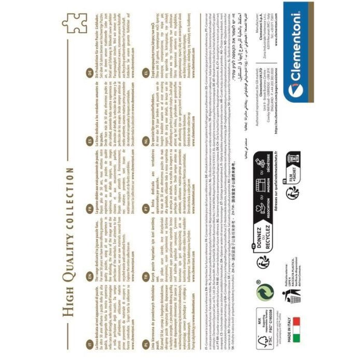 Rückseite einer Clementoni-Puzzleverpackung mit Text in verschiedenen Sprachen und Recycling-Symbolen.