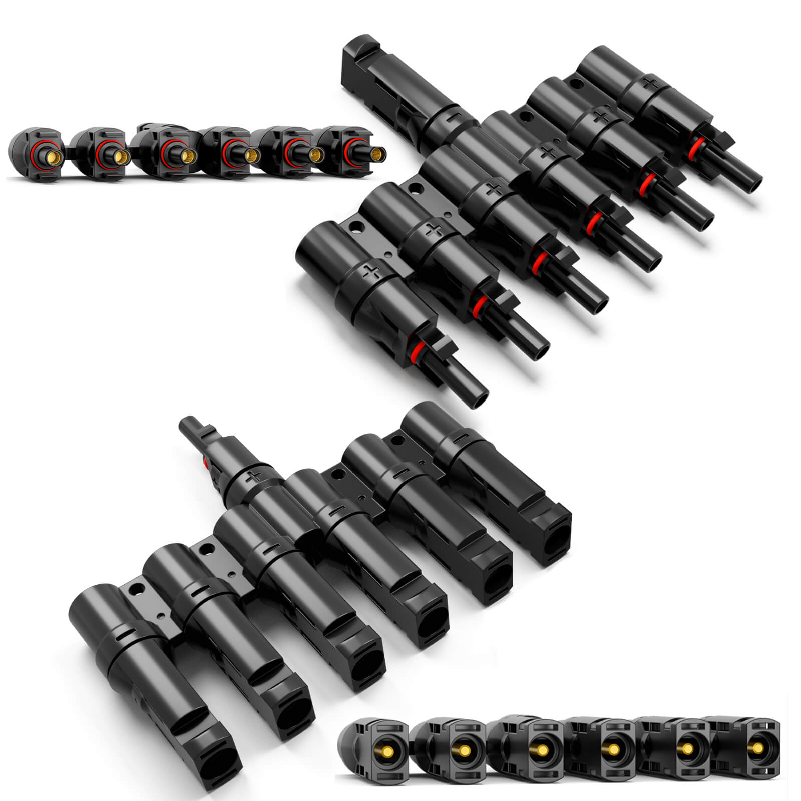 Mehrere schwarze Stecker und Buchsen mit goldenen Pins für Solarmodule.