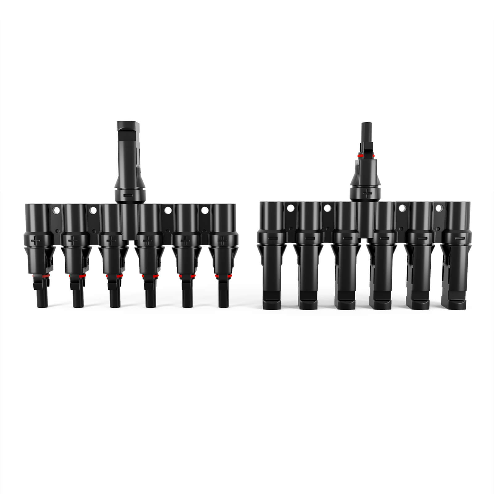 Zwei schwarze Solar-Steckverbinder-Sets auf weißem Hintergrund.