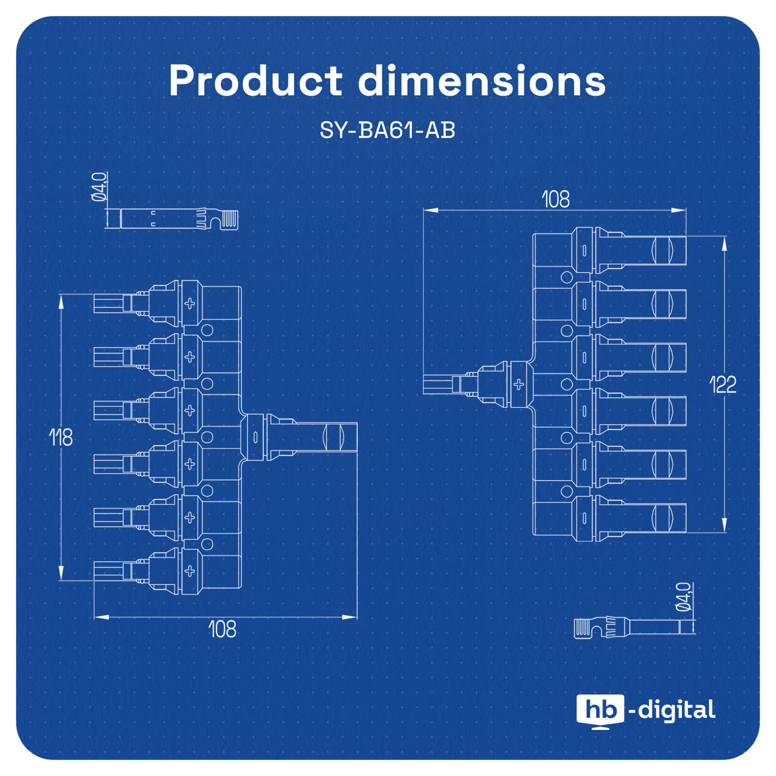 Technische Zeichnung mit Produktabmessungen auf blauem Hintergrund.