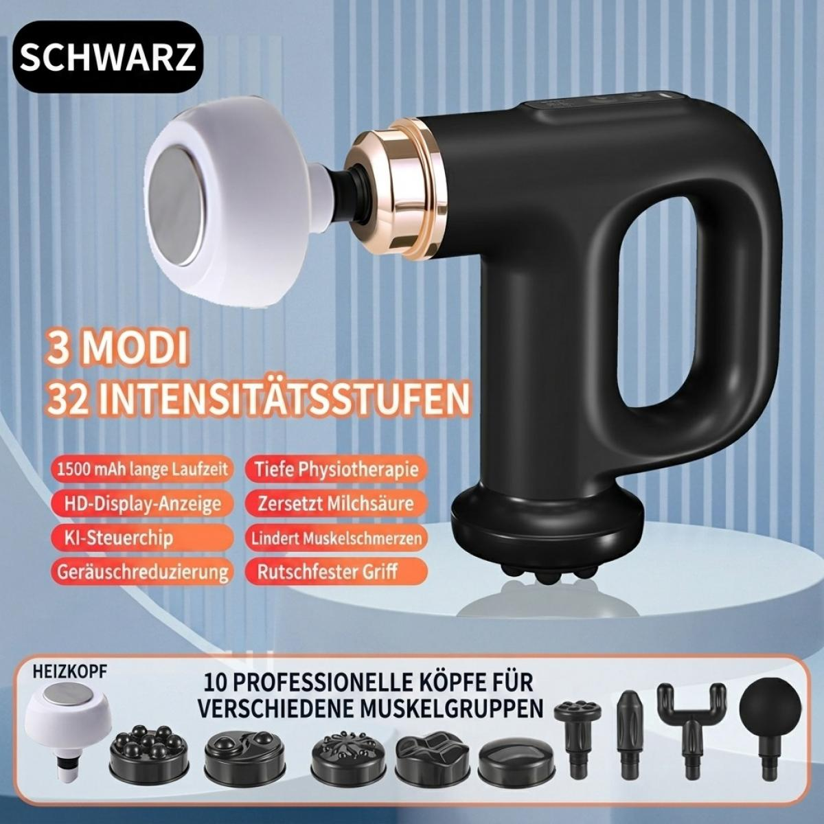 Schwarze Massagepistole mit weißem Heizkopf und zehn verschiedenen Aufsätzen auf blauem Hintergrund.