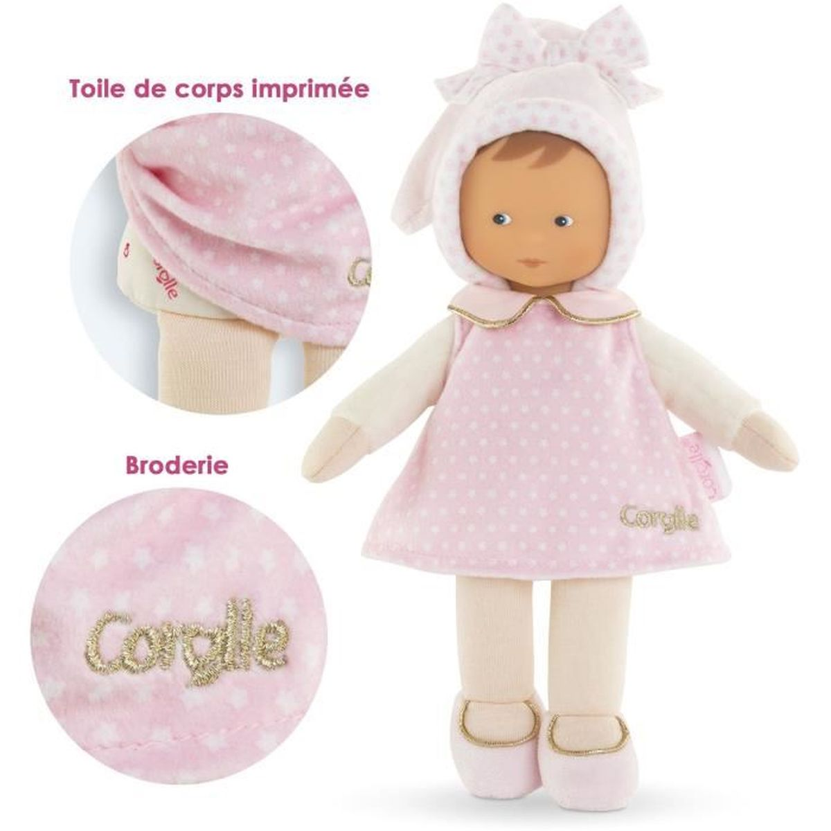 Eine Stoffpuppe in Rosa mit weiß gepunktetem Kleid, passender Haube und zwei Detailansichten.