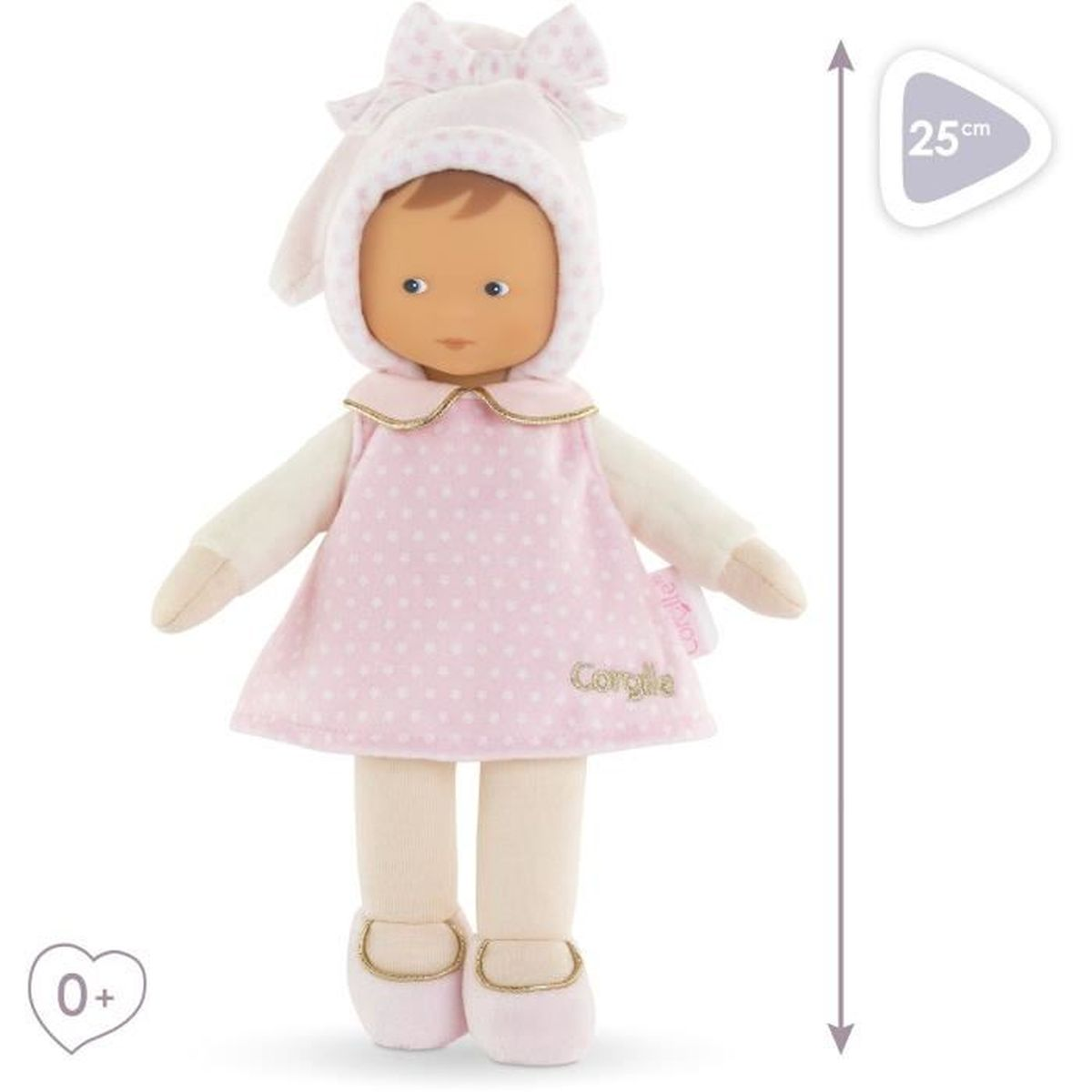 Weiche Puppe mit rosa gepunktetem Kleid, passender Mütze und Schuhen, Höhe 25 cm, für Babys ab 0+.