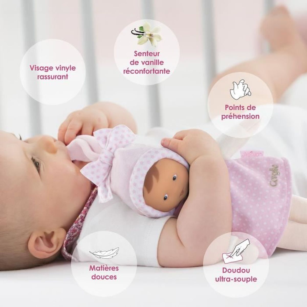 Ein Baby liegt auf dem Rücken und hält eine kleine rosa Puppe, umgeben von Informationsblasen mit Texten.