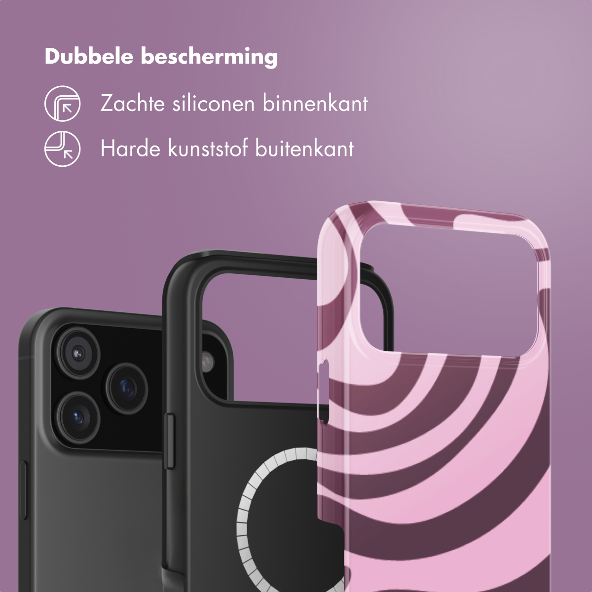 Handyhülle mit weicher Silikon-Innenseite und harter Kunststoff-Außenseite vor violettem Hintergrund.