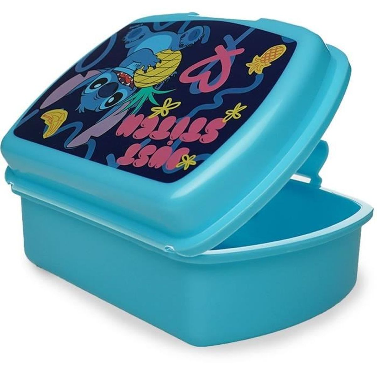 Blaue Lunchbox mit Stitch-Motiv auf dem Deckel und offenem Fach.