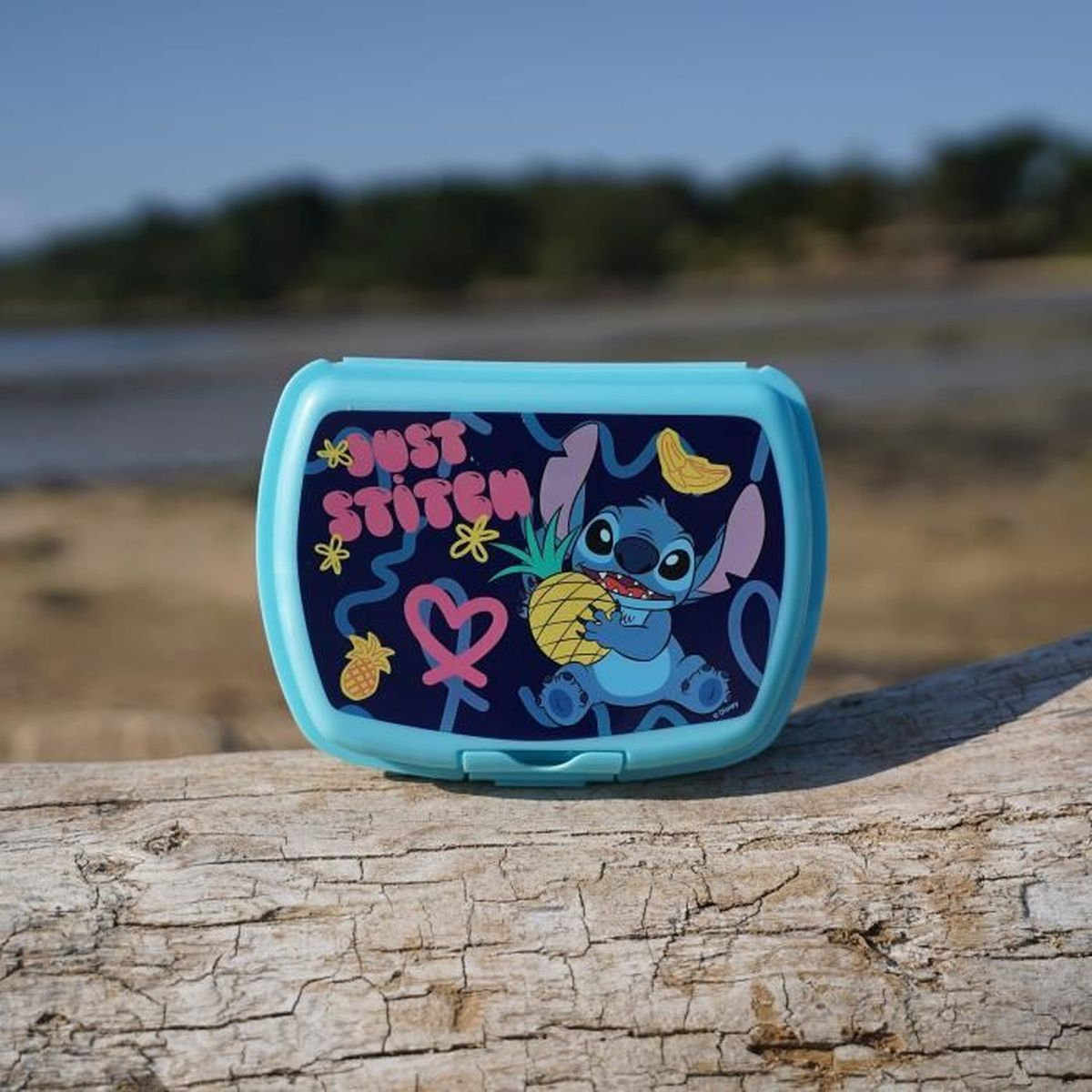 Eine hellblaue Brotzeitbox mit Stitch-Illustration auf dem Deckel, auf Treibholz am Strand.