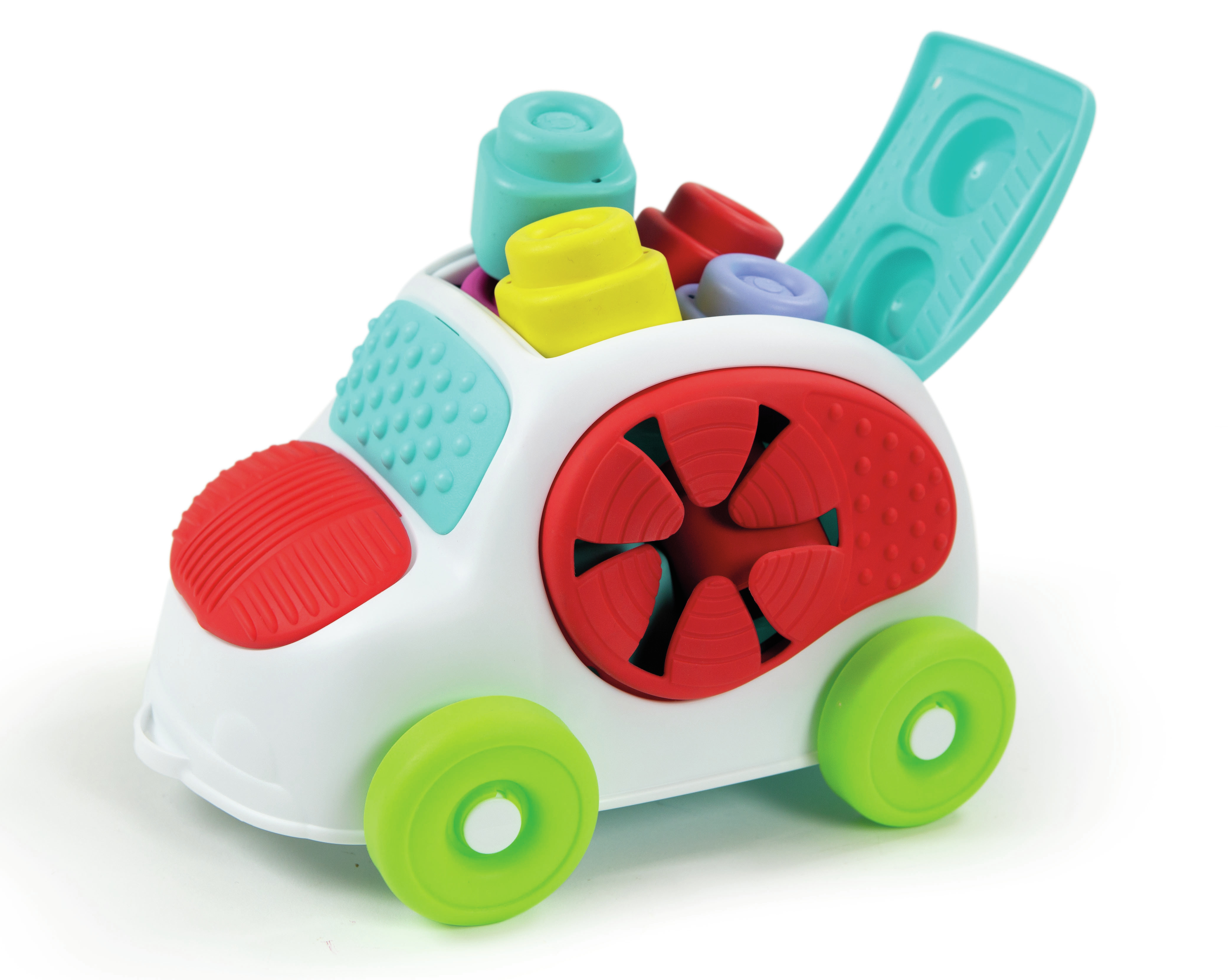 Ein weißes Kinderspielzeugauto mit grünen Rädern, roten Elementen und bunten Bausteinen im offenen Heck.