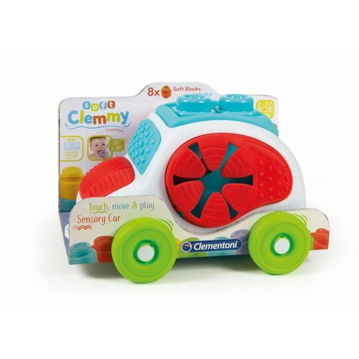 Clementoni Soft Clemmy Sensory Car in Verpackung mit weichen Bausteinen und grünen Rädern.