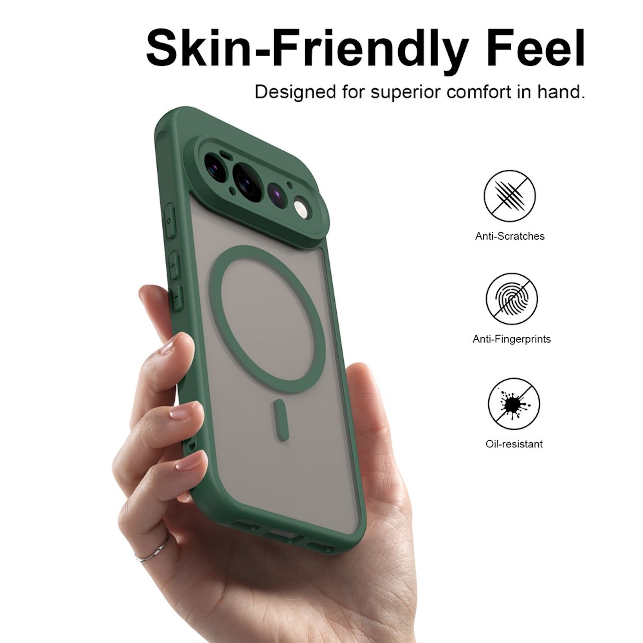 Hand hält grüne Handyhülle mit transparentem Rücken und MagSafe-Ring, daneben Symbole für Schutz.