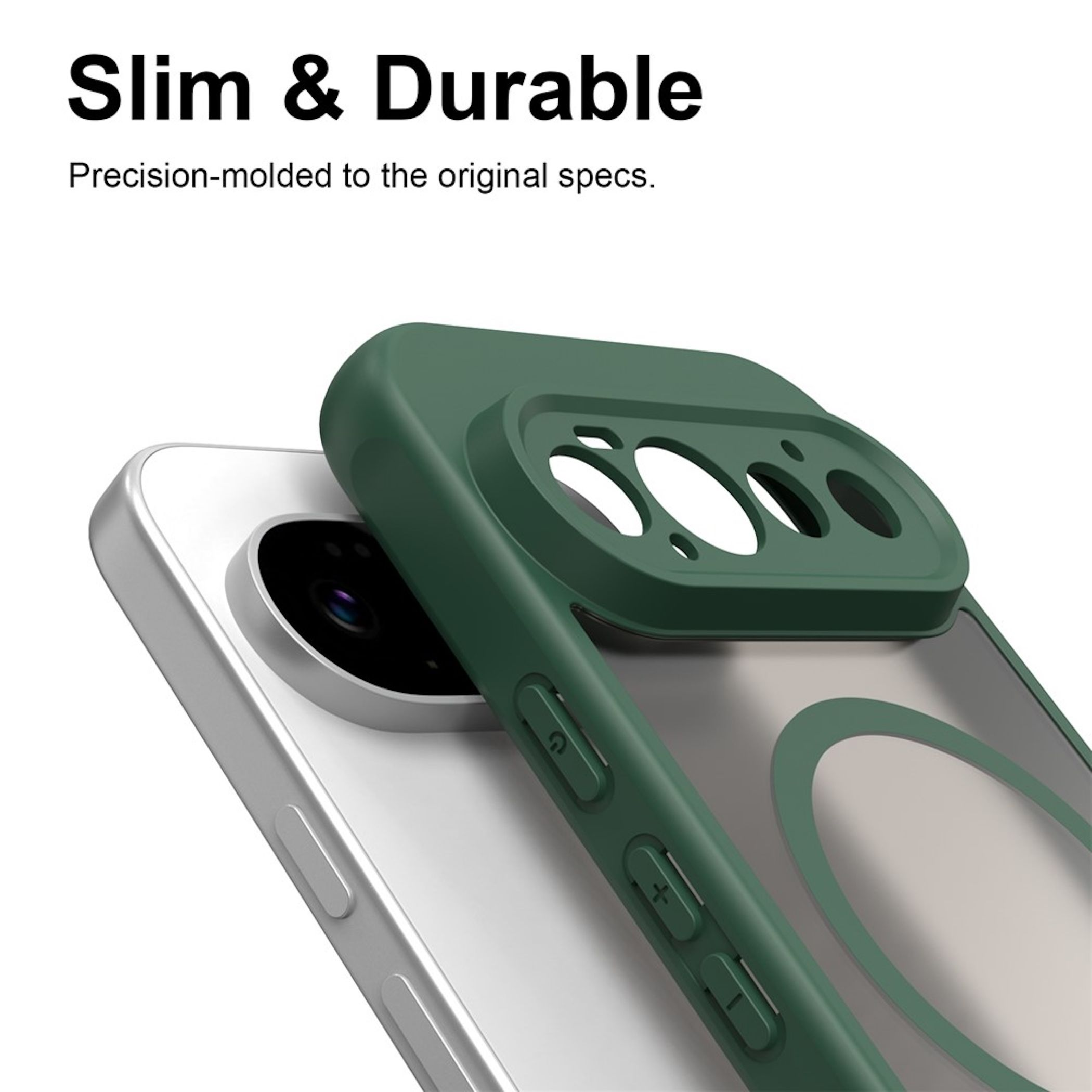 Ein silbernes Smartphone mit dunkelgrüner Schutzhülle, Kamera-Aussparungen und Tasten auf weißem Hintergrund.