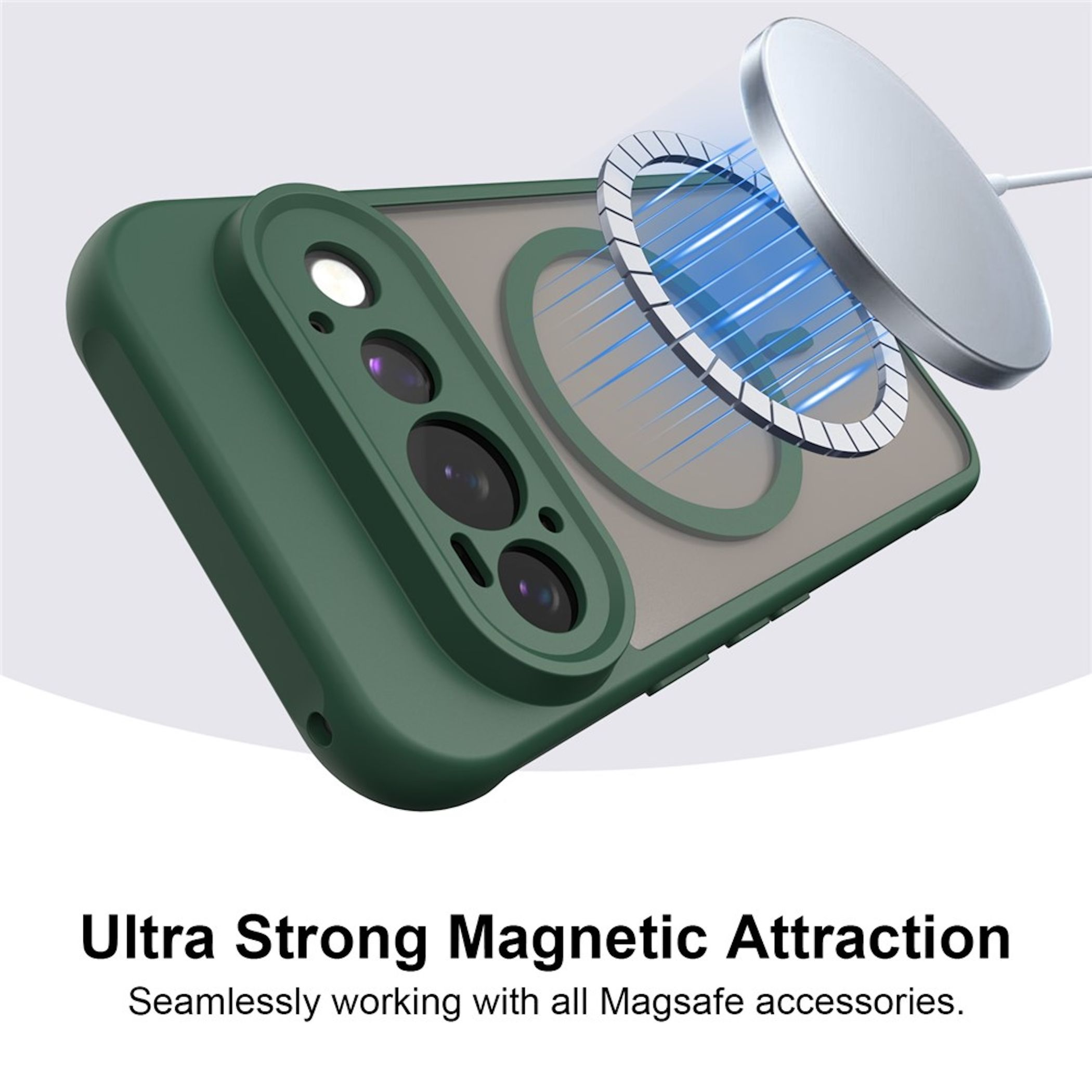 Grüne Handyhülle mit magnetischem Ring und Lade-Accessoire.