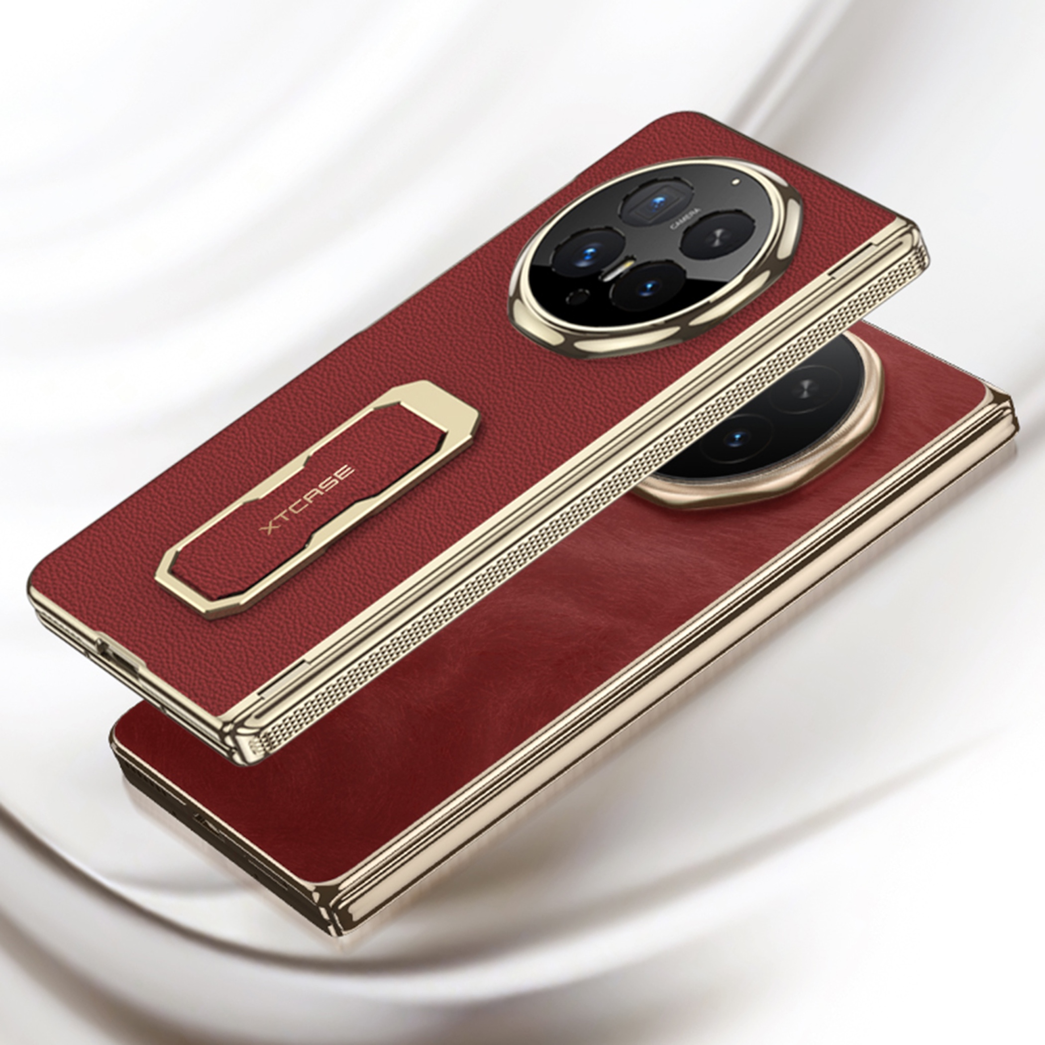 Zwei rote Smartphones mit goldenen Rändern und runder Kamera liegen auf weißem Hintergrund.