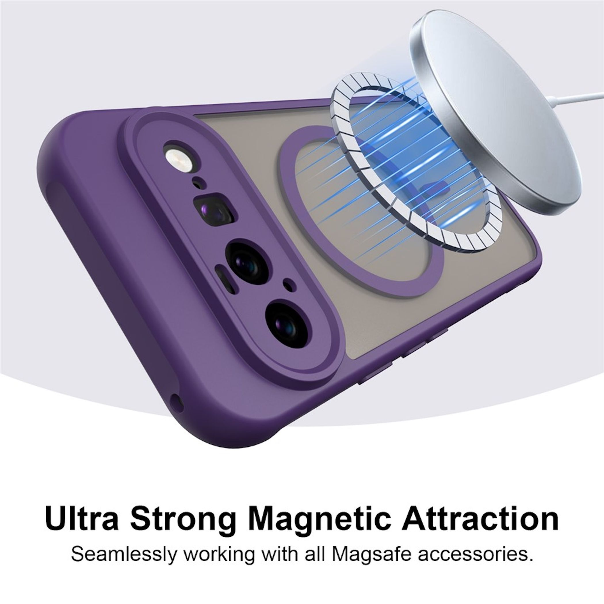 Violette Handyhülle mit MagSafe-Ladegerät verbunden durch blaue magnetische Strahlen.