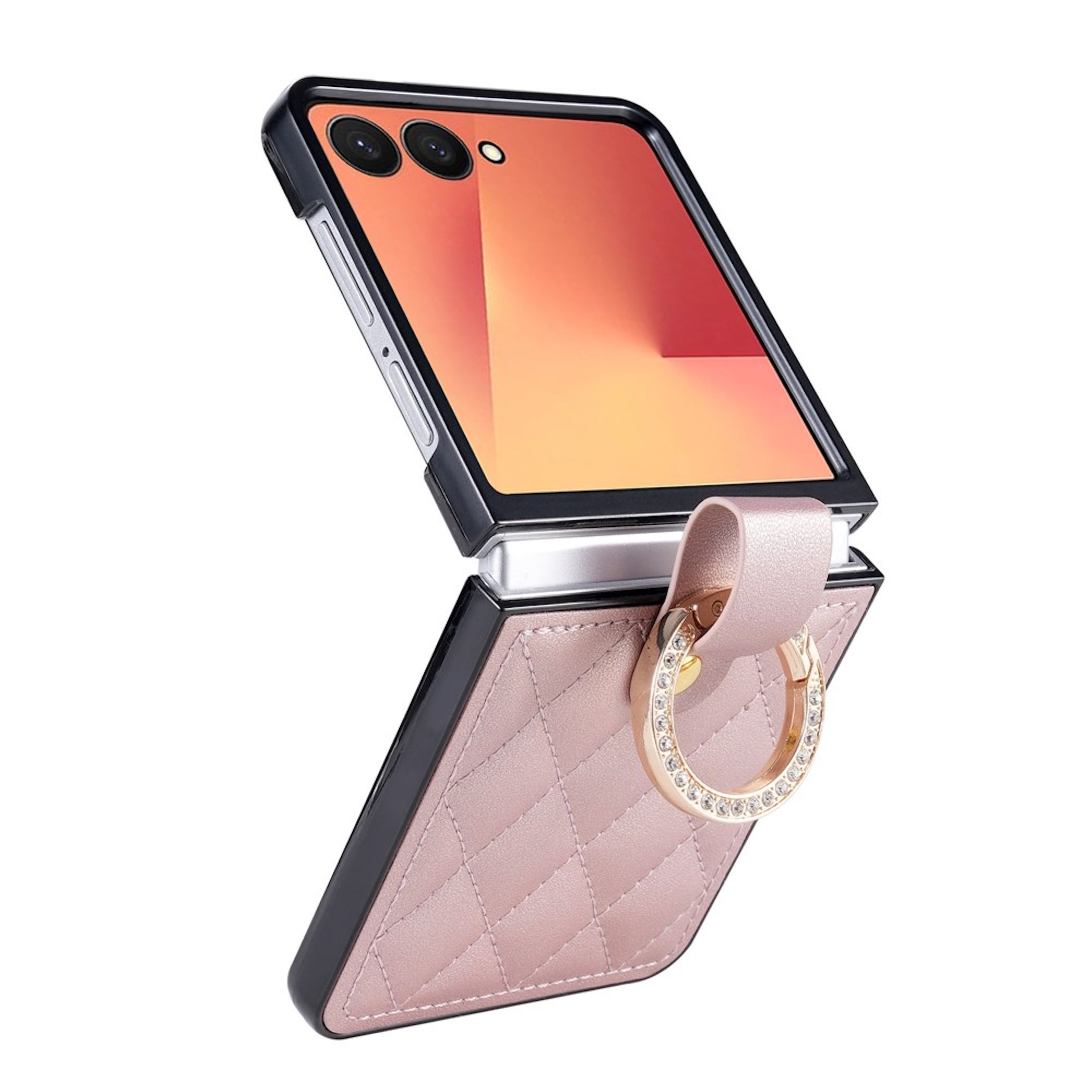 Eine rosa gesteppte faltbare Smartphone-Hülle mit einem glitzernden Ringhalter auf der Rückseite.