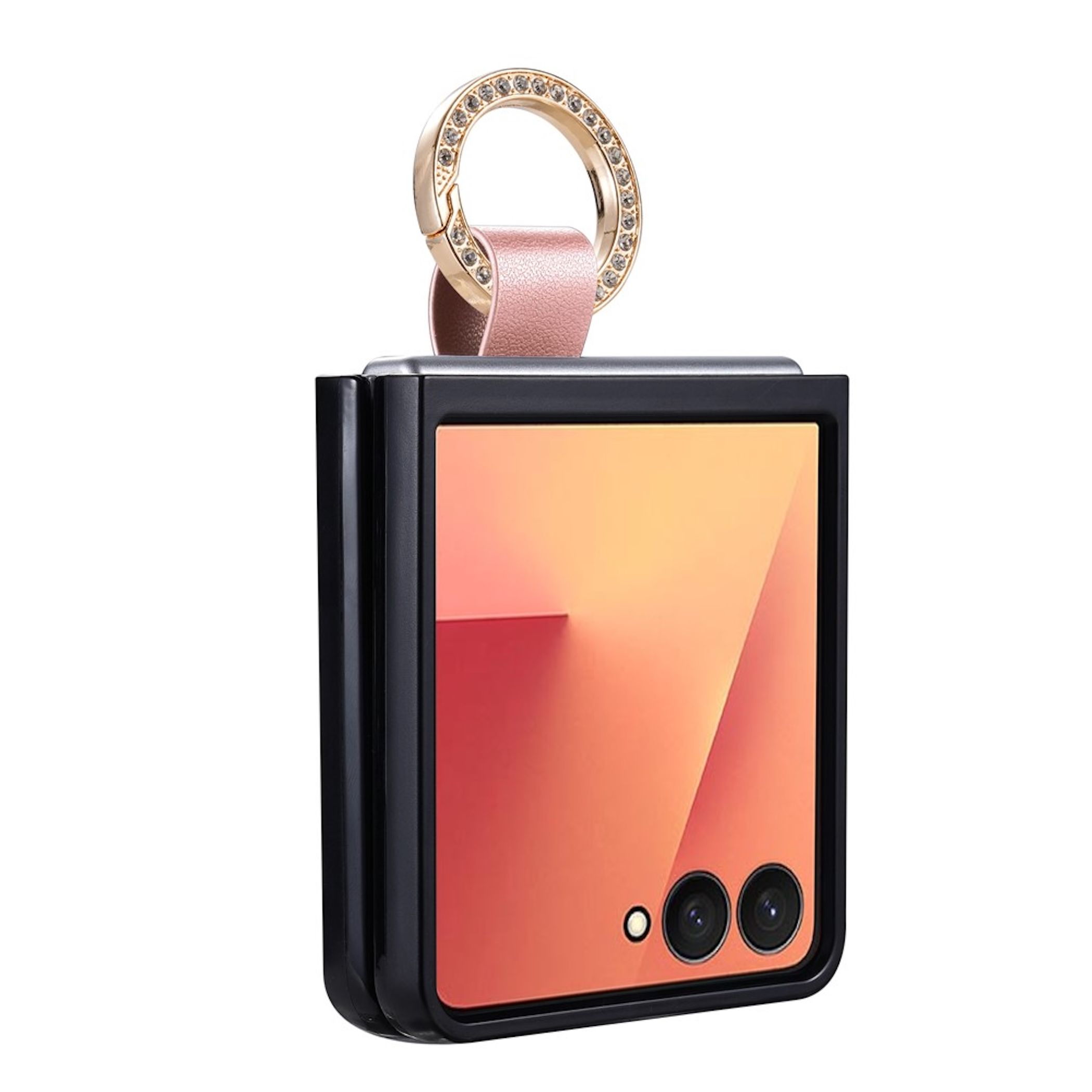 Schwarzes klappbares Smartphone mit einer rosafarbenen Lederschlaufe und einem glitzernden Ring oben auf weißem Hintergrund.