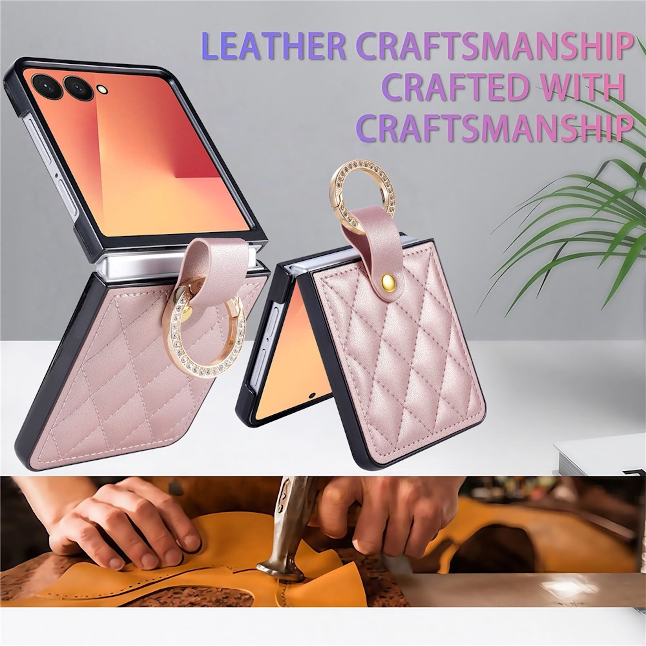 Rosa Lederhülle für ein faltbares Smartphone mit Diamantring und Handwerksbild unten.
