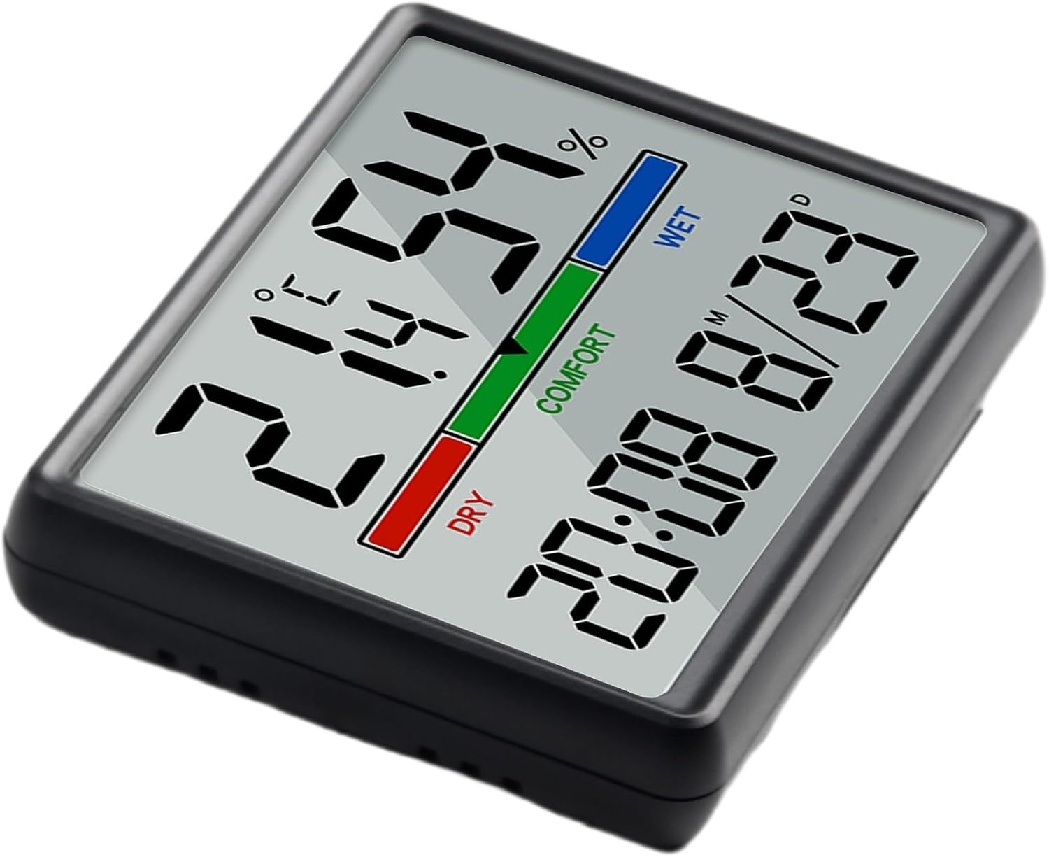 Digitales Hygrometer und Thermometer mit schwarzem Rahmen zeigt Temperatur, Luftfeuchtigkeit und Uhrzeit an.