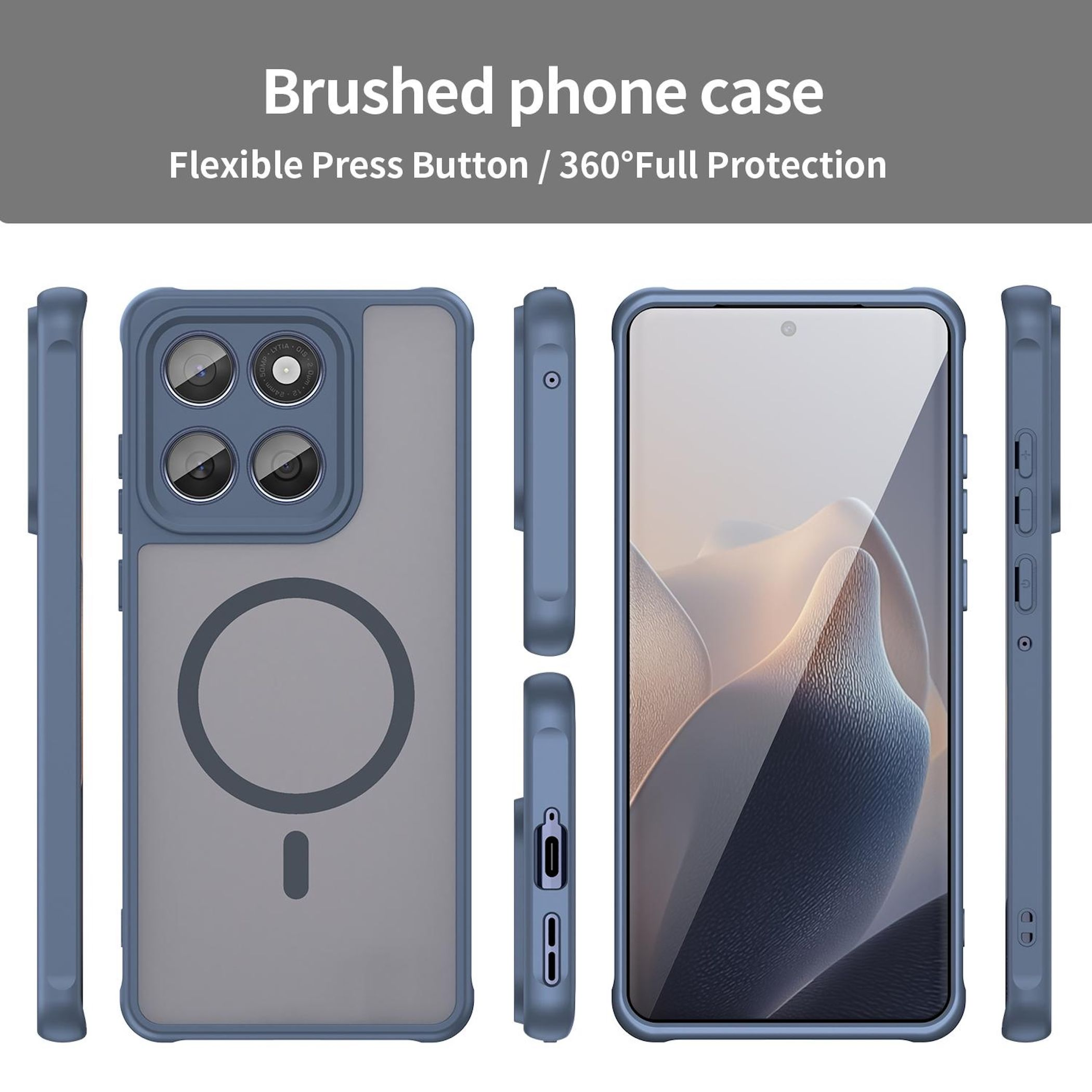 Blaue Handyhülle mit MagSafe-Ring, Vierfachkamera-Modul und Frontansicht des Smartphones aus verschiedenen Winkeln.