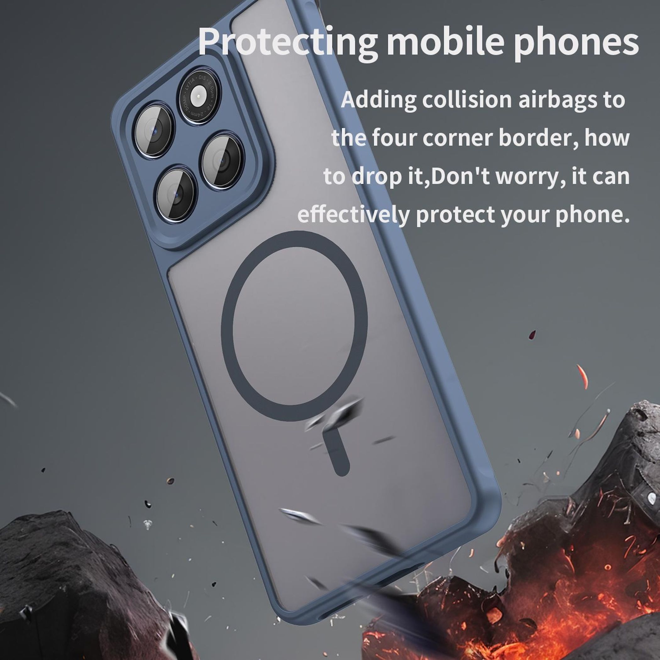 Blaue Smartphone-Hülle mit MagSafe-Ring vor Felsen und Feuer, die Sturzschutz verspricht.