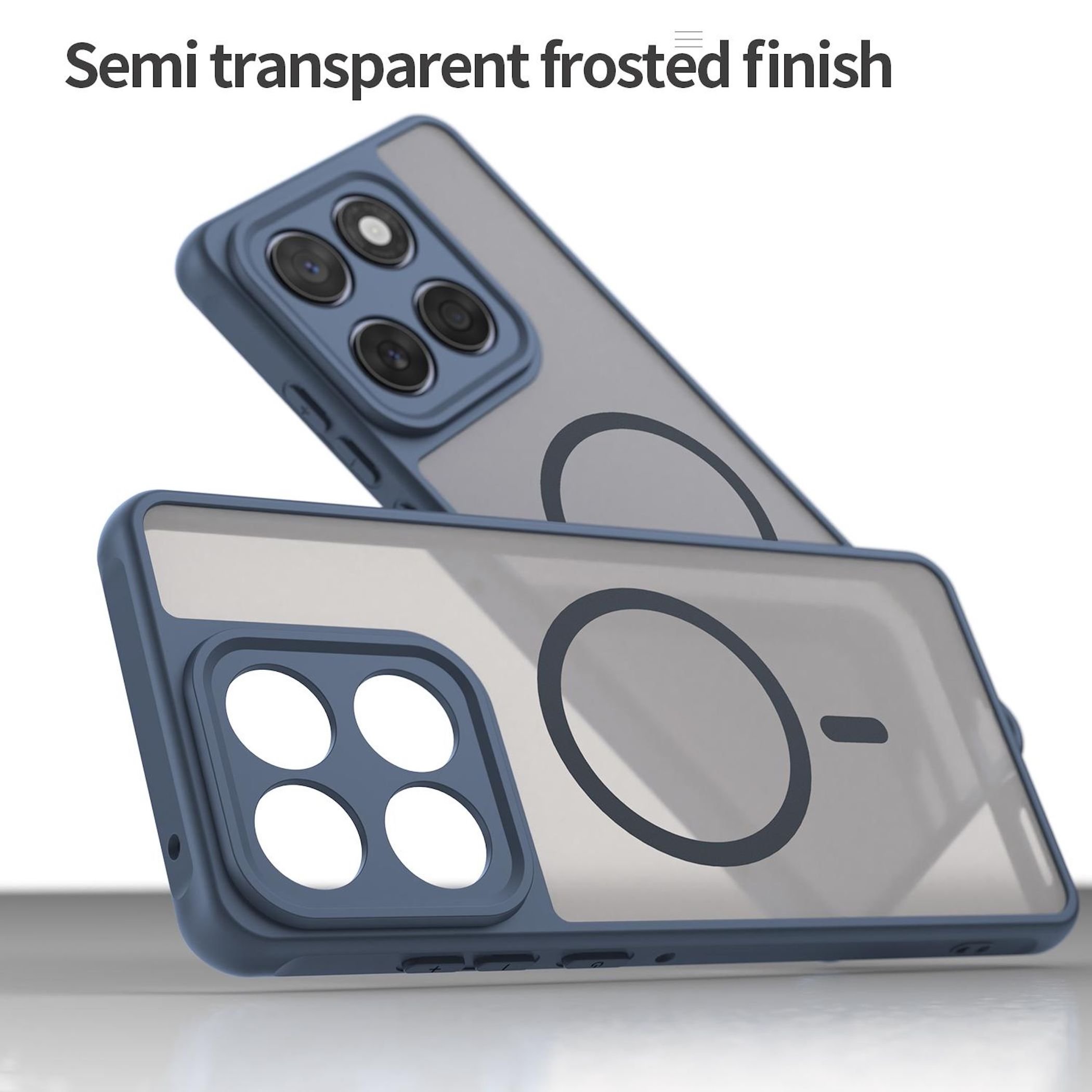 Blaue Smartphone-Hülle mit halbdurchsichtigem mattem Finish und MagSafe-Kreis.